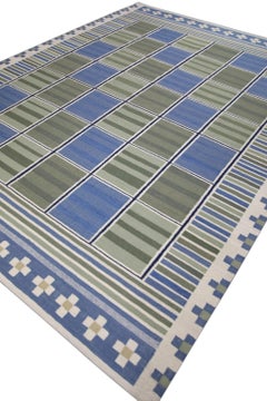 Green and Blue Geometric Design Flatweave Handmade Wool Rug 9'1" x 12'1"