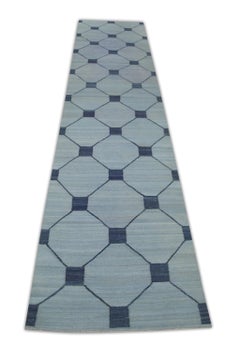 Blue Geometric Design Flatweave Handmade Wool Rug 3' X 12'6"
