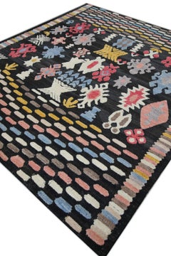 Flatweave Handmade Wool Rug in Pink, Blue, Yellow Geometric Design 8'11" x 10'3"
