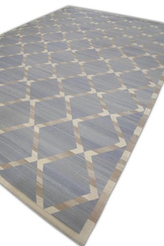 Blue and Gray Geometric Design Flatweave Handmade Wool Rug 10'4" X 14'5"