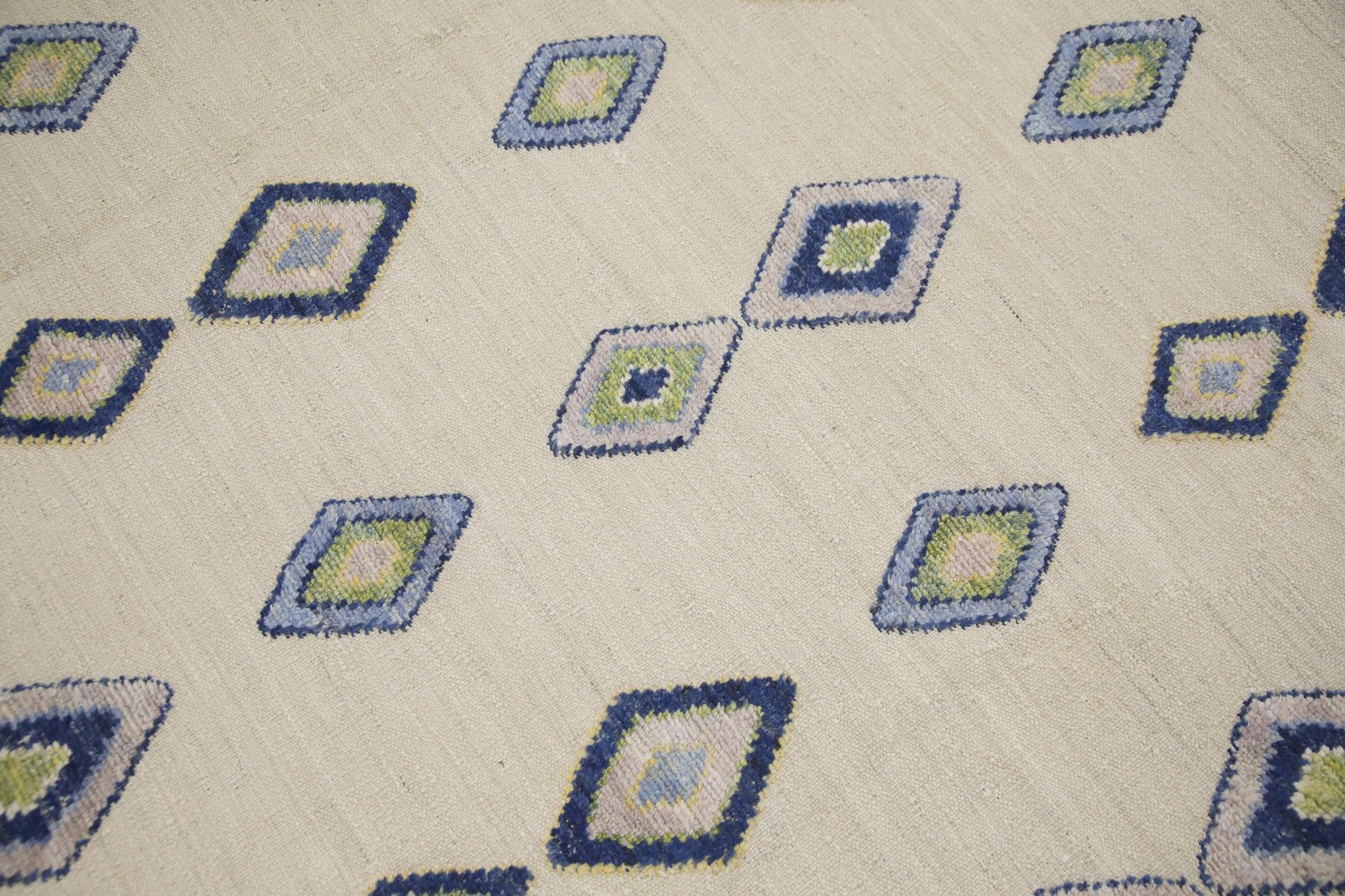 Modern Cream Flatweave Handmade Wool Rug in Blue Geometric Diamond Pattern 10'8