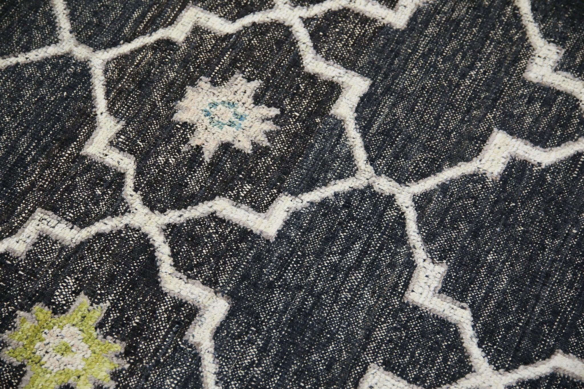 Modern Charcoal Flatweave Handmade Wool Rug in Blue & Green Geometric Design 10' X 12'4 For Sale
