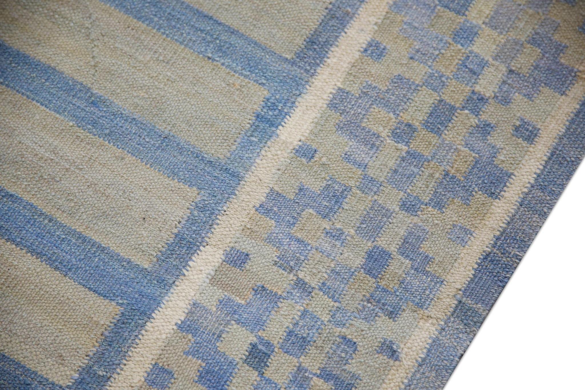 Turkish Modern Flatweave Handmade Wool Runner in Blue Geometric Design 3'1