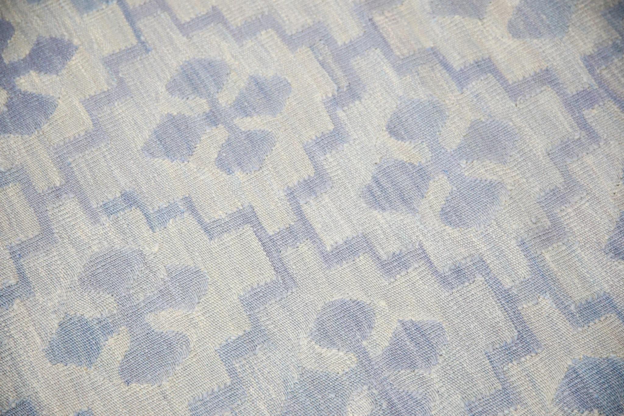 Turkish Modern Flatweave Handmade Wool Rug in Blue Geometric Design 14'2