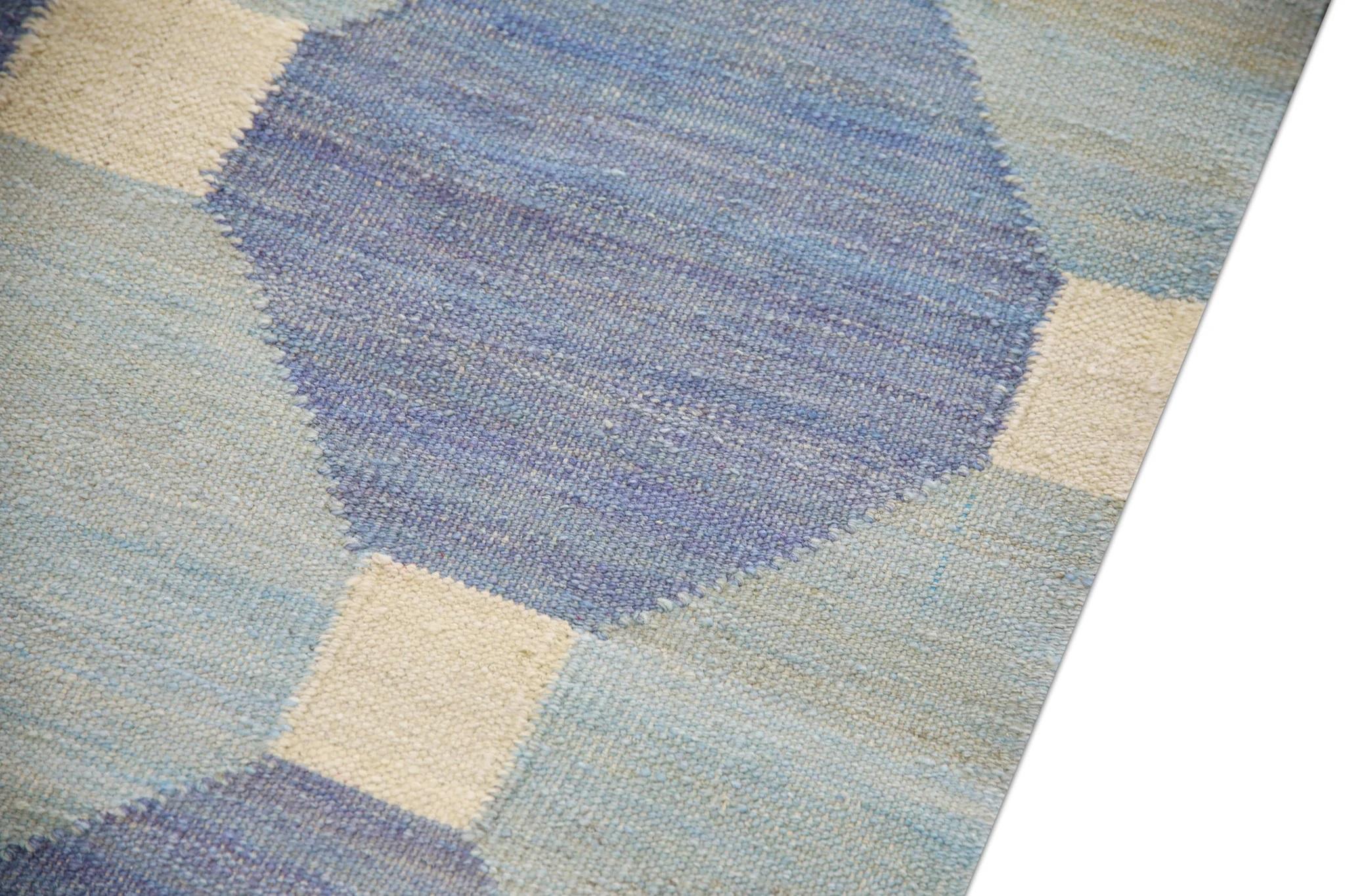 Blauer handgefertigter Flachgewebe-Woll-Läufer in geometrischem Design 3'1
