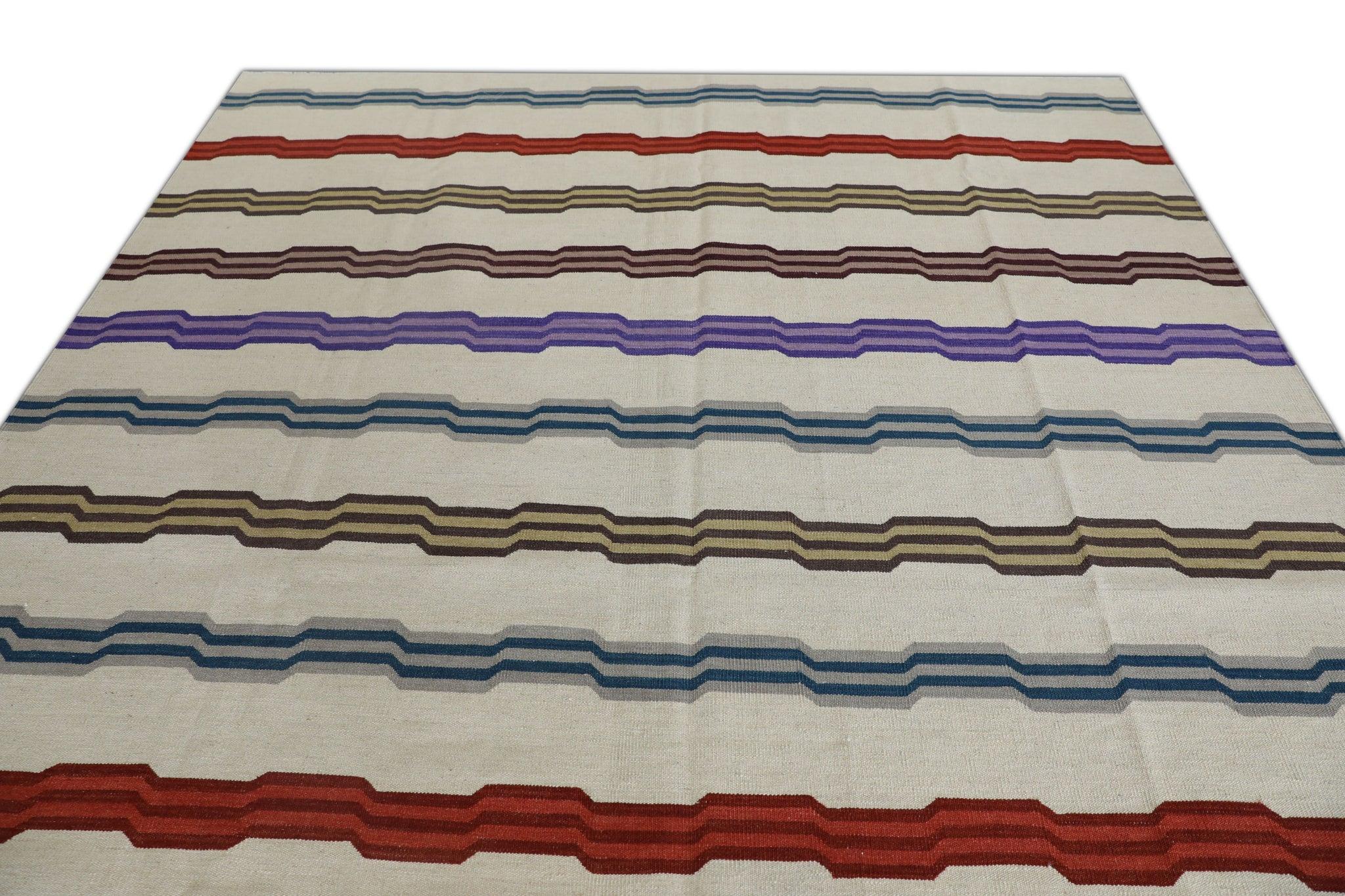Modern Multicolor Geometric Stripe Pattern Flatweave Handmade Wool Rug 8'6