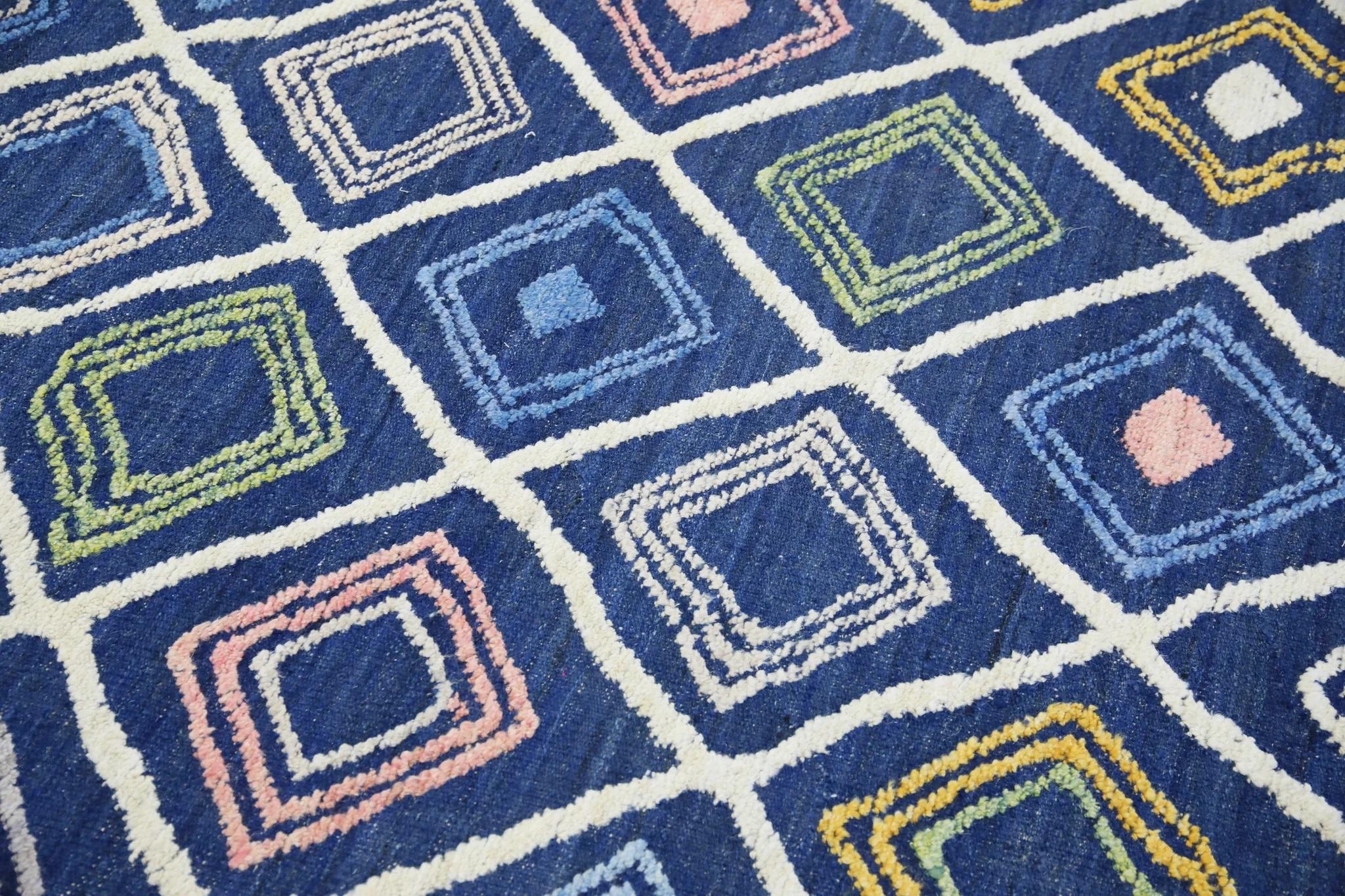 Modern Blue Multicolor Geometric Design Flatweave Handmade Wool Rug 8'11