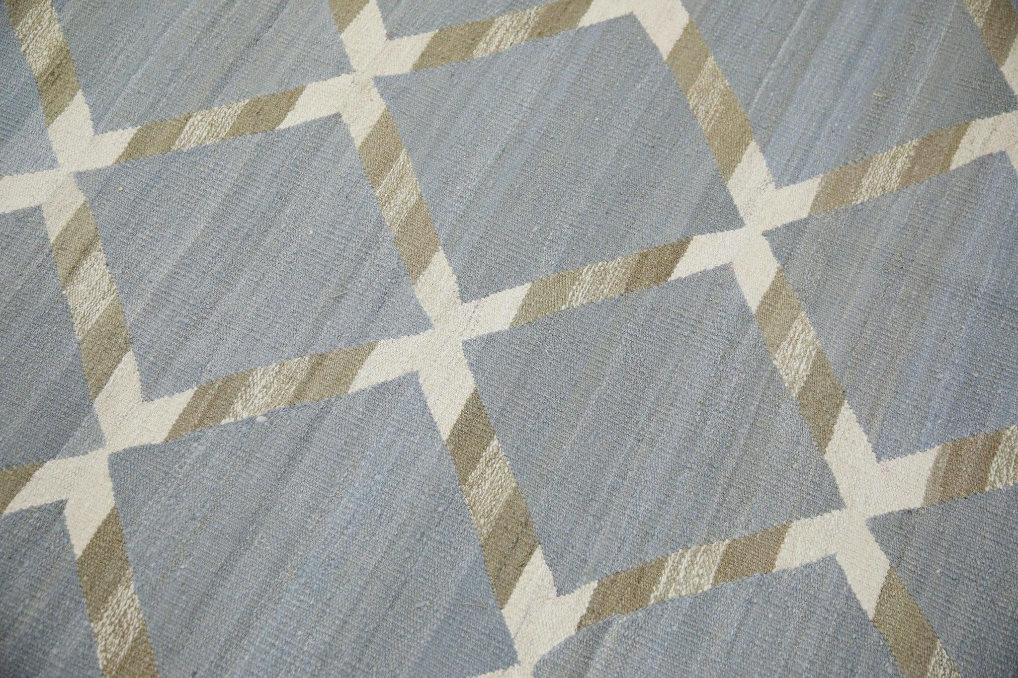 Modern Blue & Brown Geometric Pattern Flatweave Handmade Wool Rug 9'5
