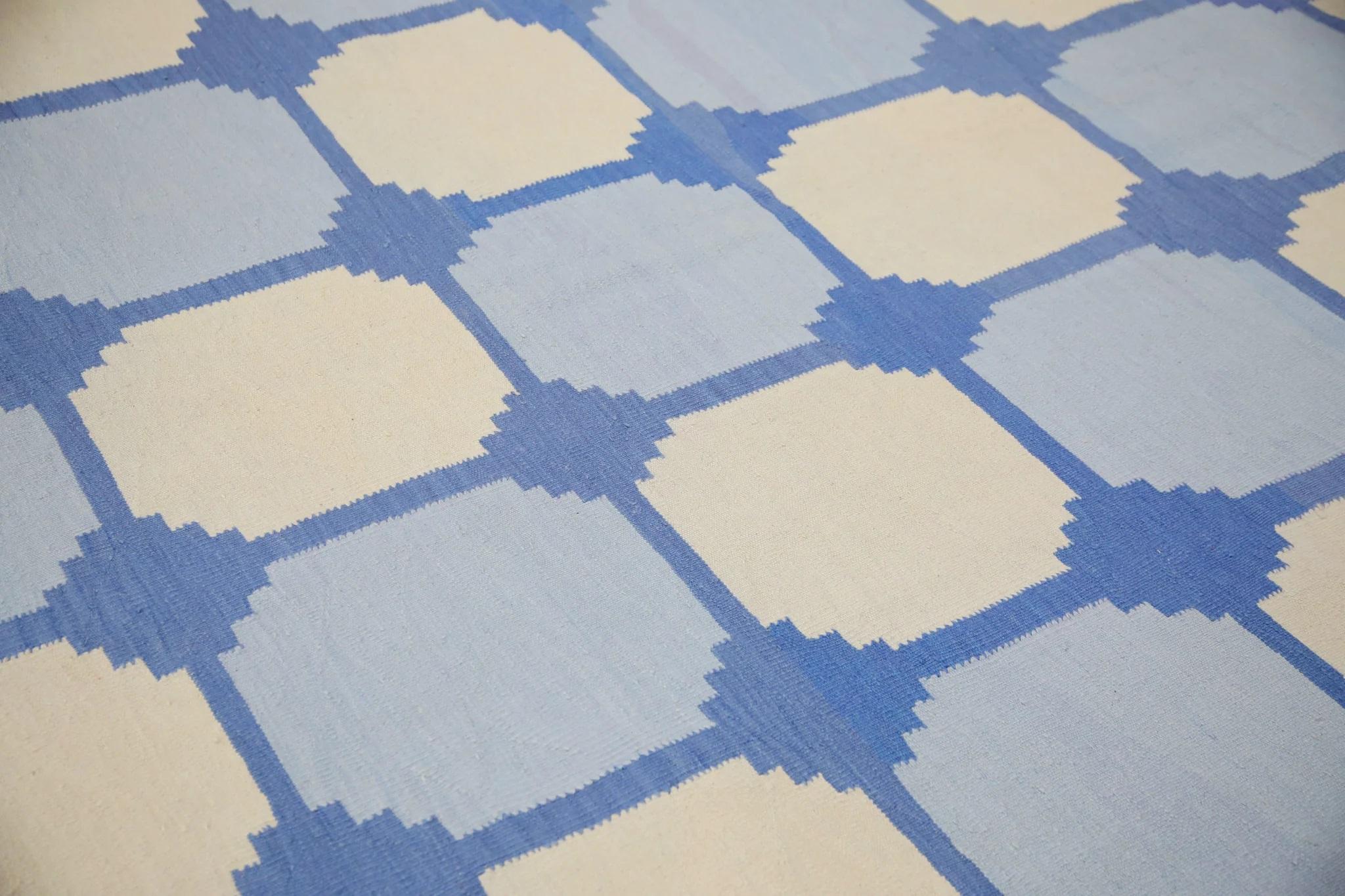 Modern Blue Geometric Design Flatweave Handmade Wool Rug 9' x 12'1