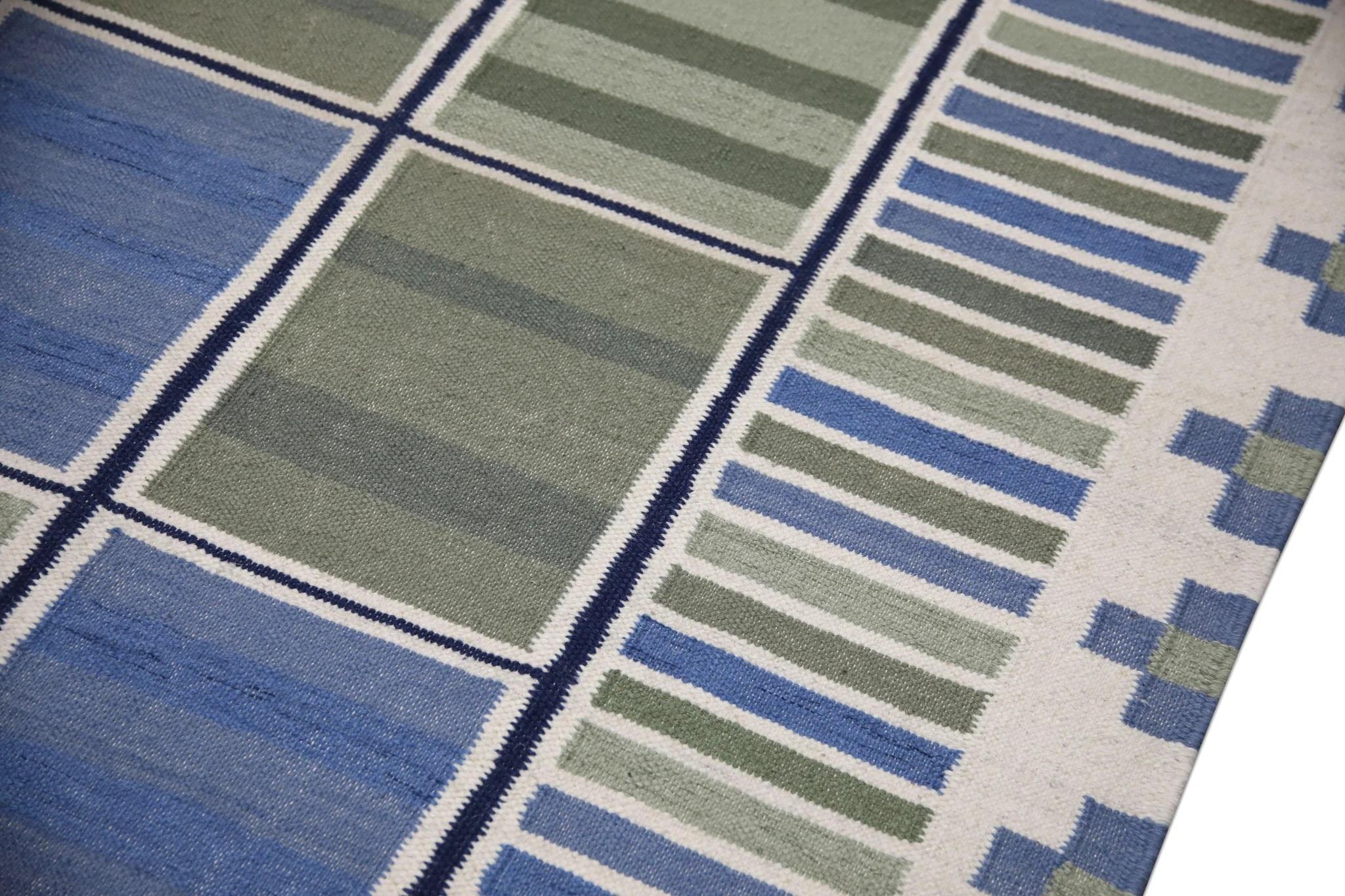 Modern Green and Blue Geometric Design Flatweave Handmade Wool Rug 9'1