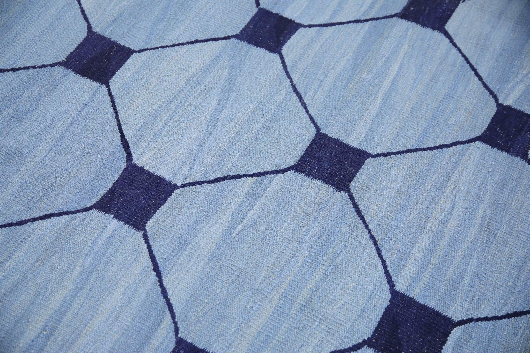 Modern Blue & Navy Geometric Design Flatweave Handmade Wool Rug 10'4