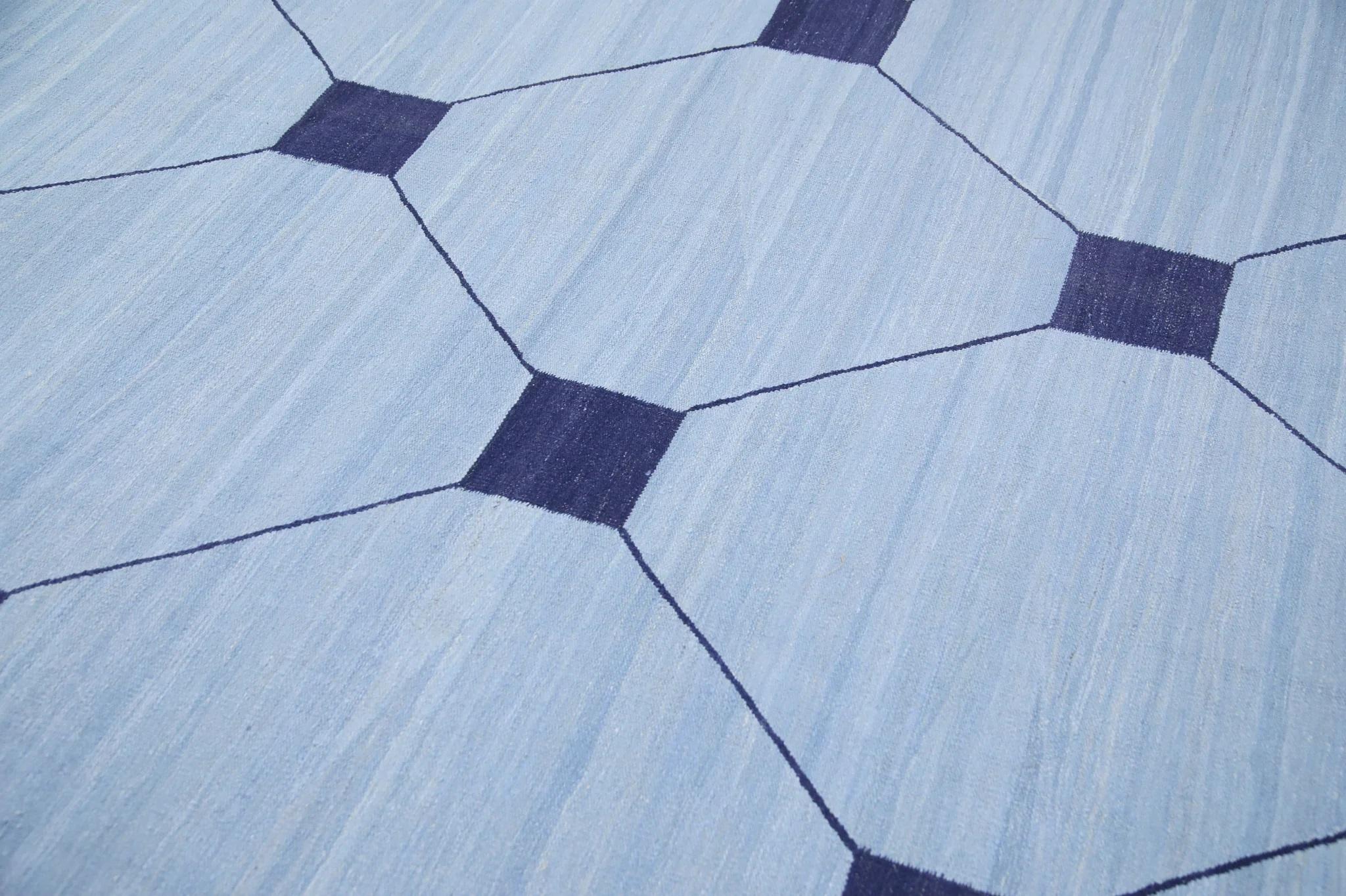 Alfombra de lana azul y azul marino de diseño geométrico de tejido plano hecho a mano 10' X 14'7 Moderno en venta
