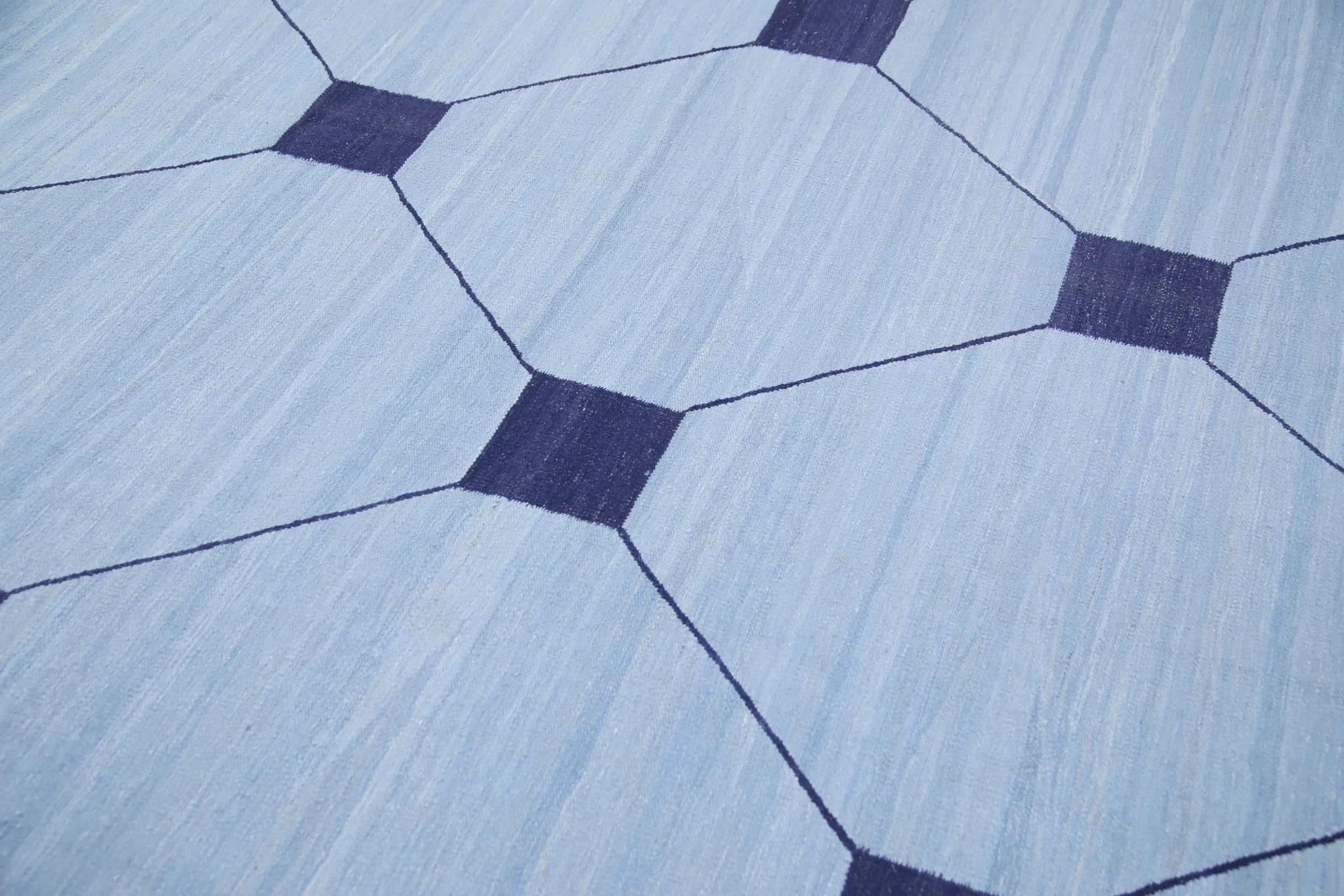 Modern Blue & Navy Geometric Design Flatweave Handmade Wool Rug 10' X 14'7