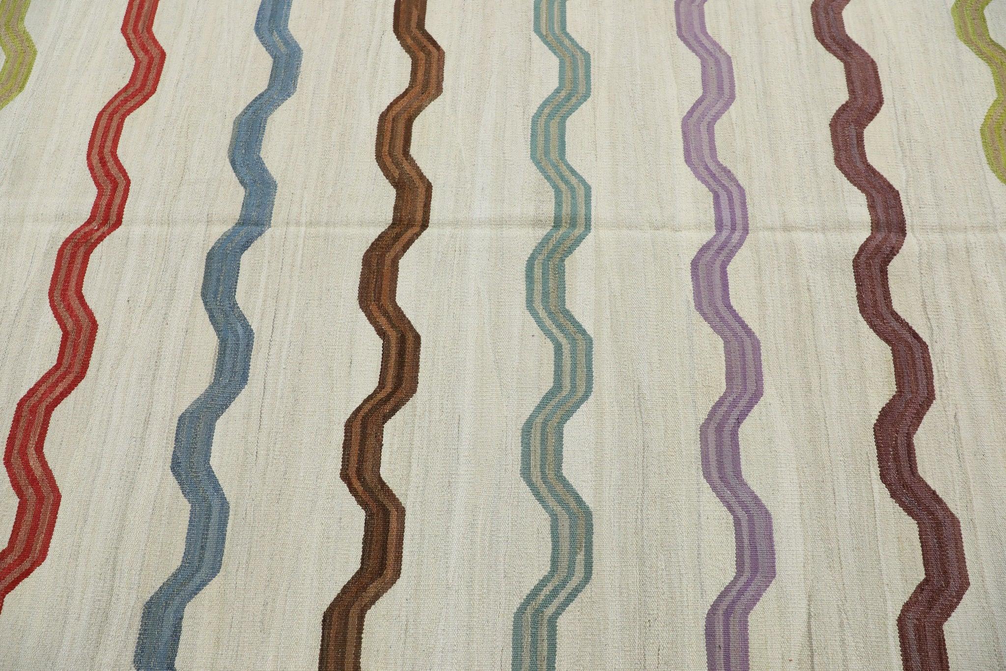 Modern Multicolor Geometric Stripe Design Flatweave Handmade Wool Rug 11'10