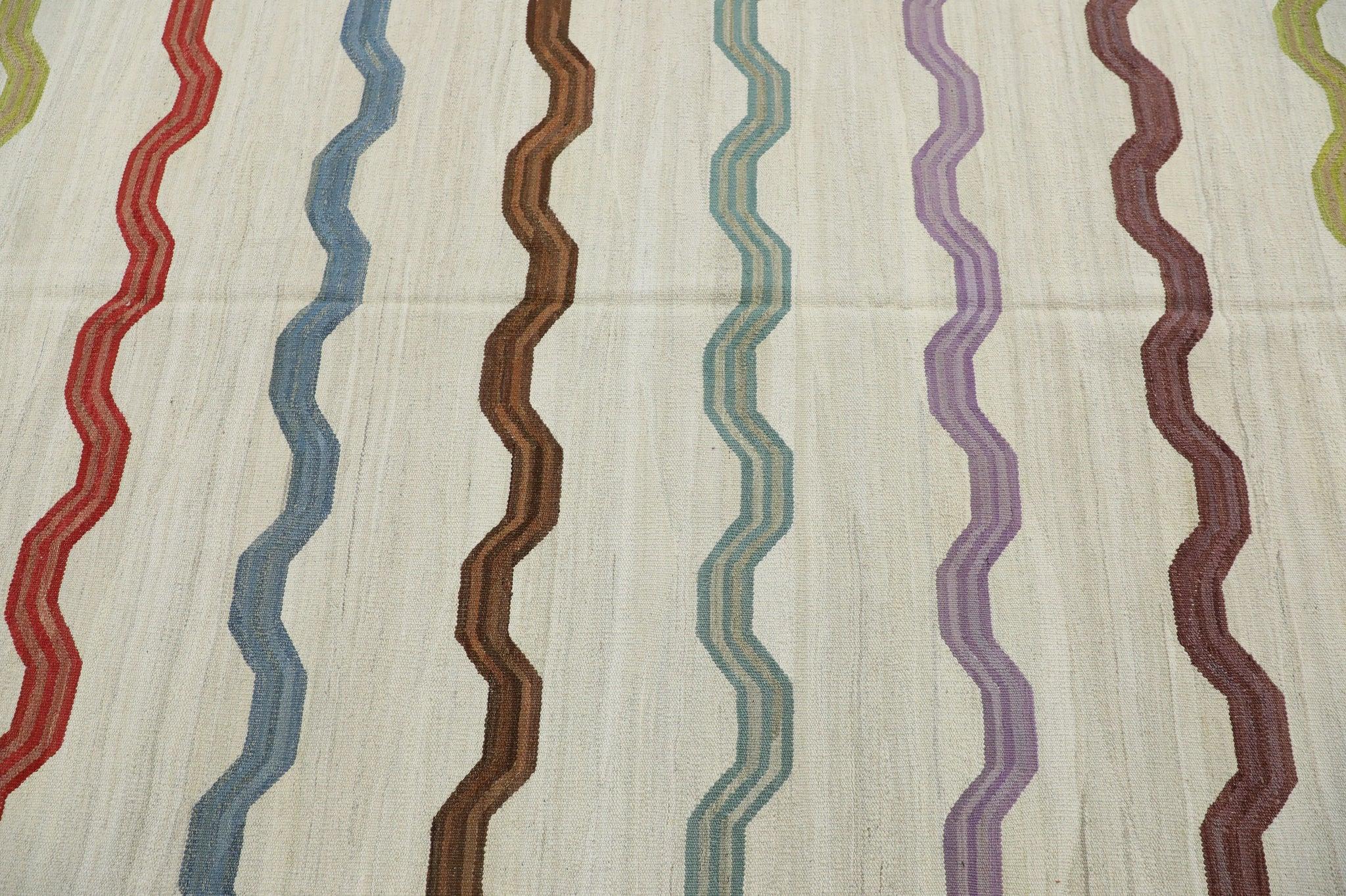 Moderno Tappeto in lana fatto a mano multicolore con design a strisce geometriche a tessitura piatta 11'10
