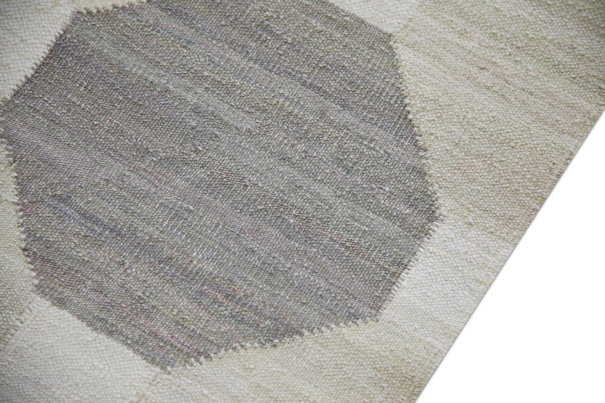 Modern Tan and Brown Geometric Design Flatweave Handmade Wool Rug 3'1