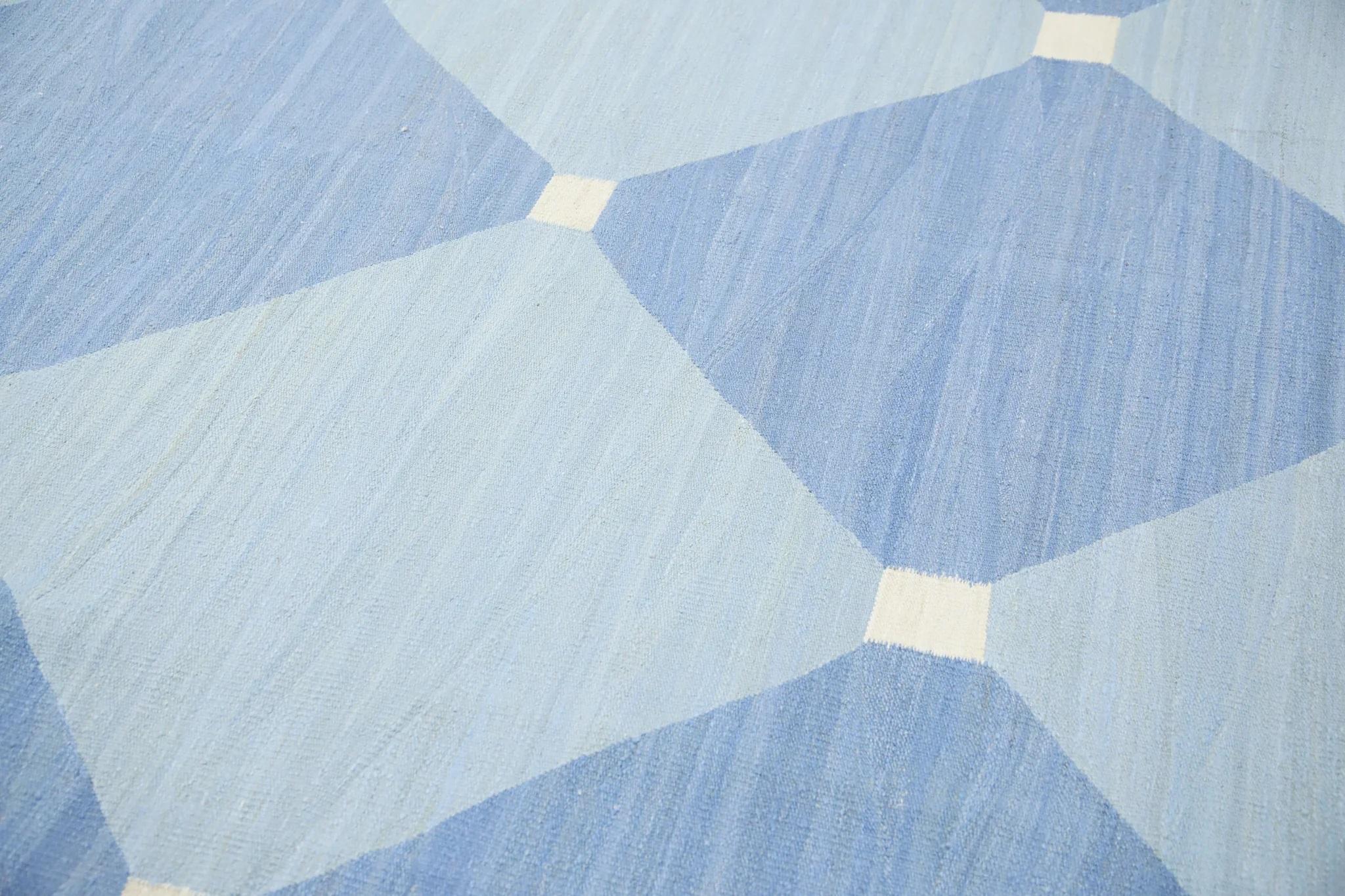 Modern Blue Geometric Design Flatweave Handmade Wool Rug 10'3