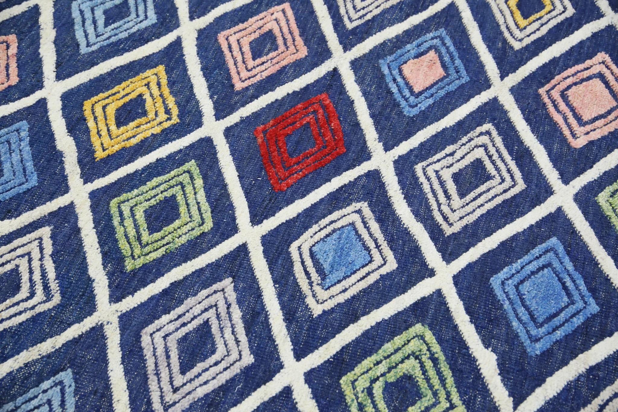 Modern Blue Multicolor Geometric Design Flatweave Handmade Wool Rug 8'5