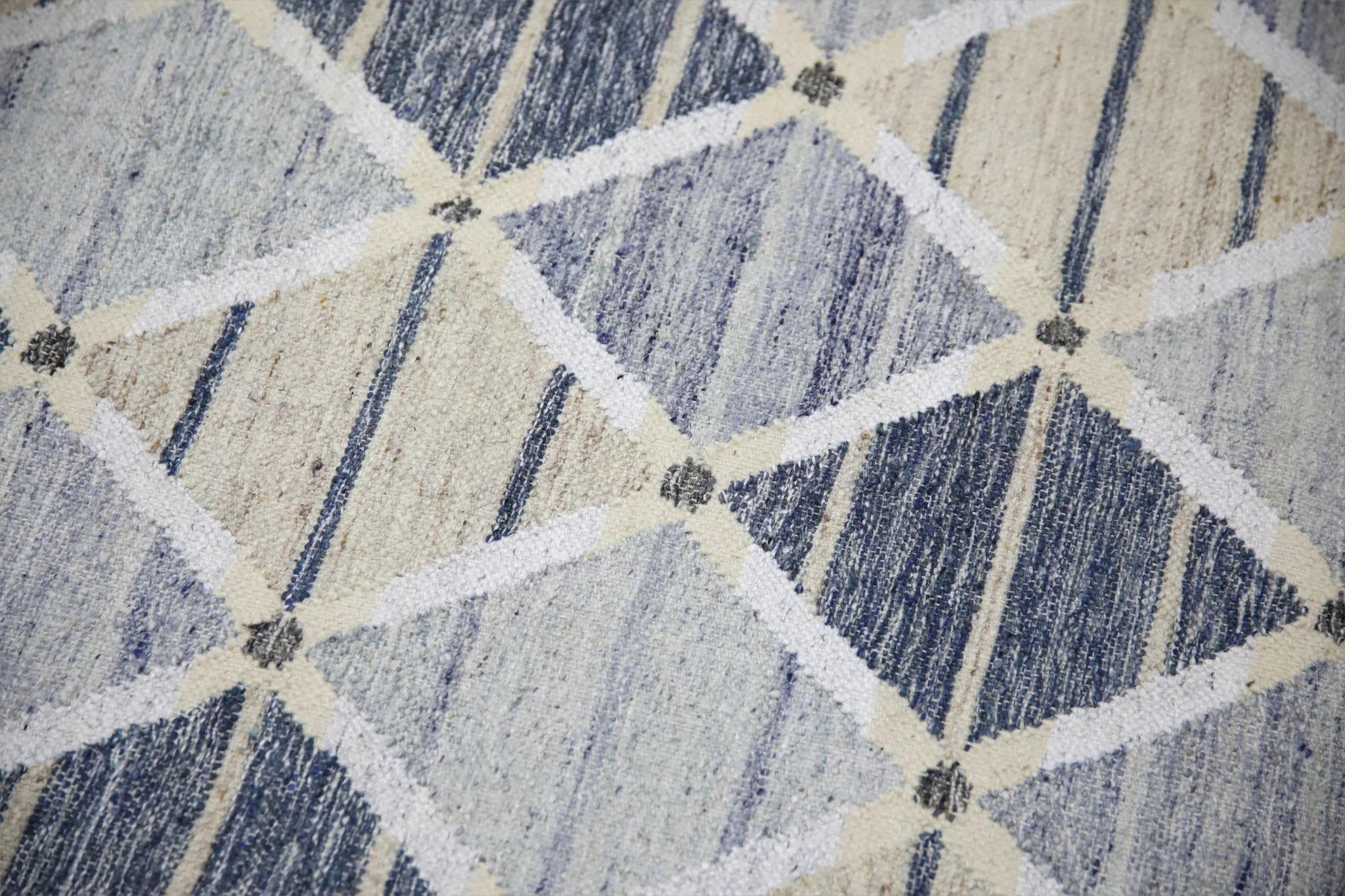 Modern Blue Geometric Pattern Flatweave Handmade Wool Rug 9' X 12'2
