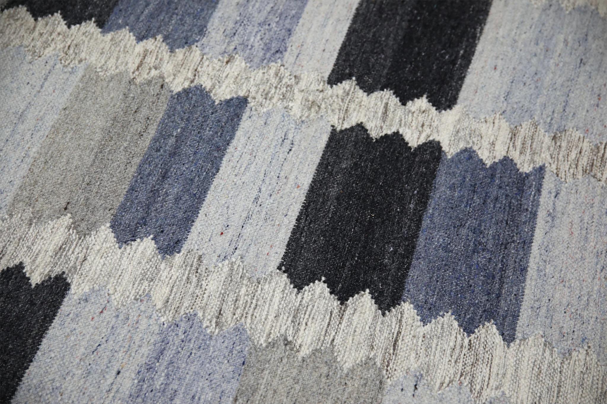 Modern Blue & Gray Geometric Design Flatweave Handmade Wool Rug 9' X 12'3