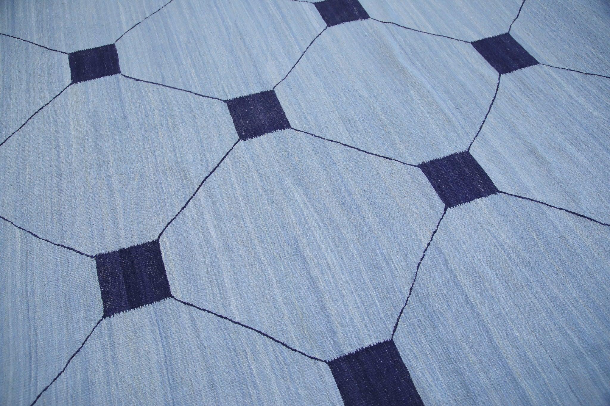 Modern Blue & Navy Geometric Design Flatweave Handmade Wool Rug 10'5