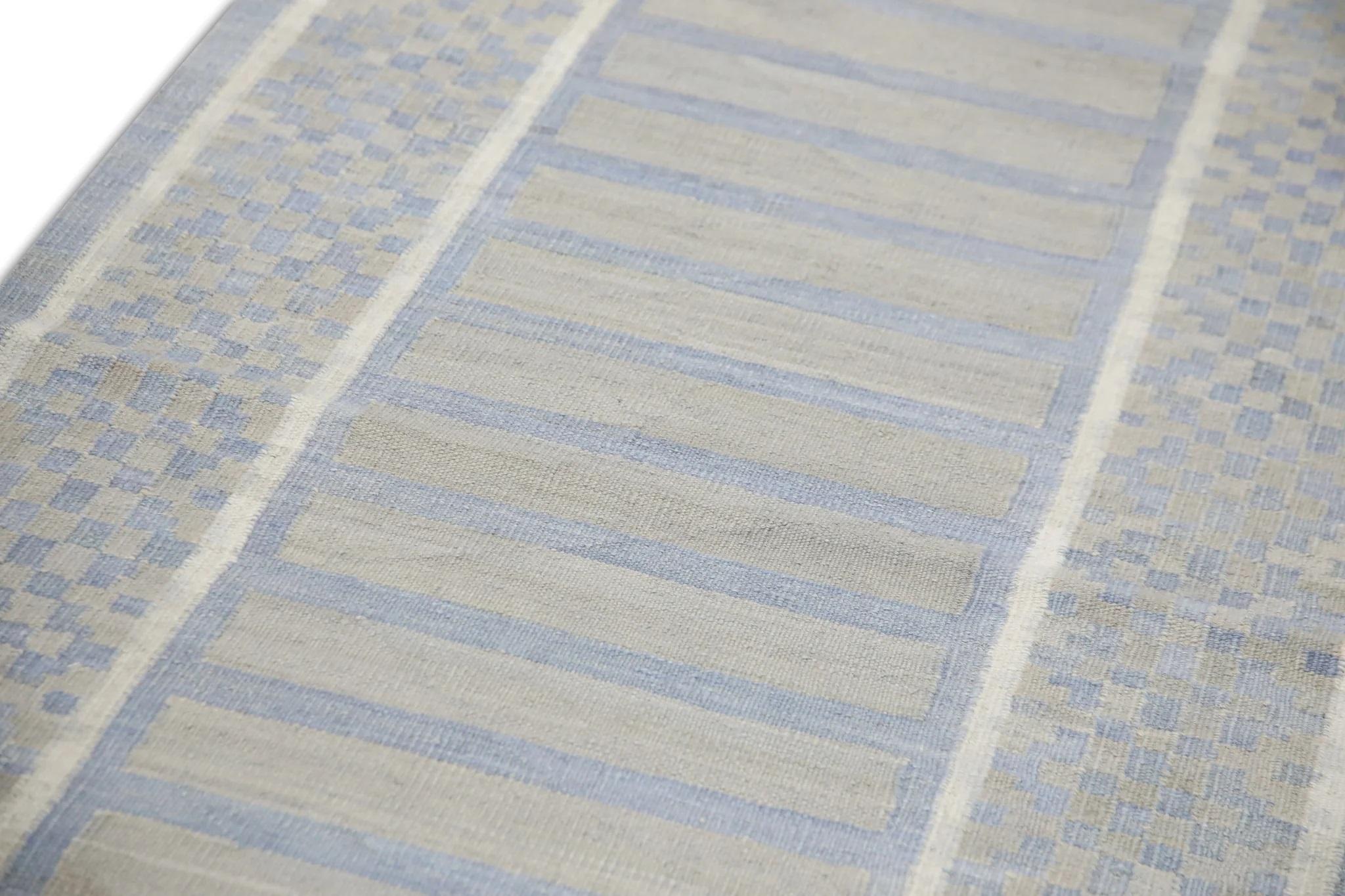 Handgefertigter Flachgewebe-Wollteppich in Grau & Blau mit geometrischem Design 3' X 12'4