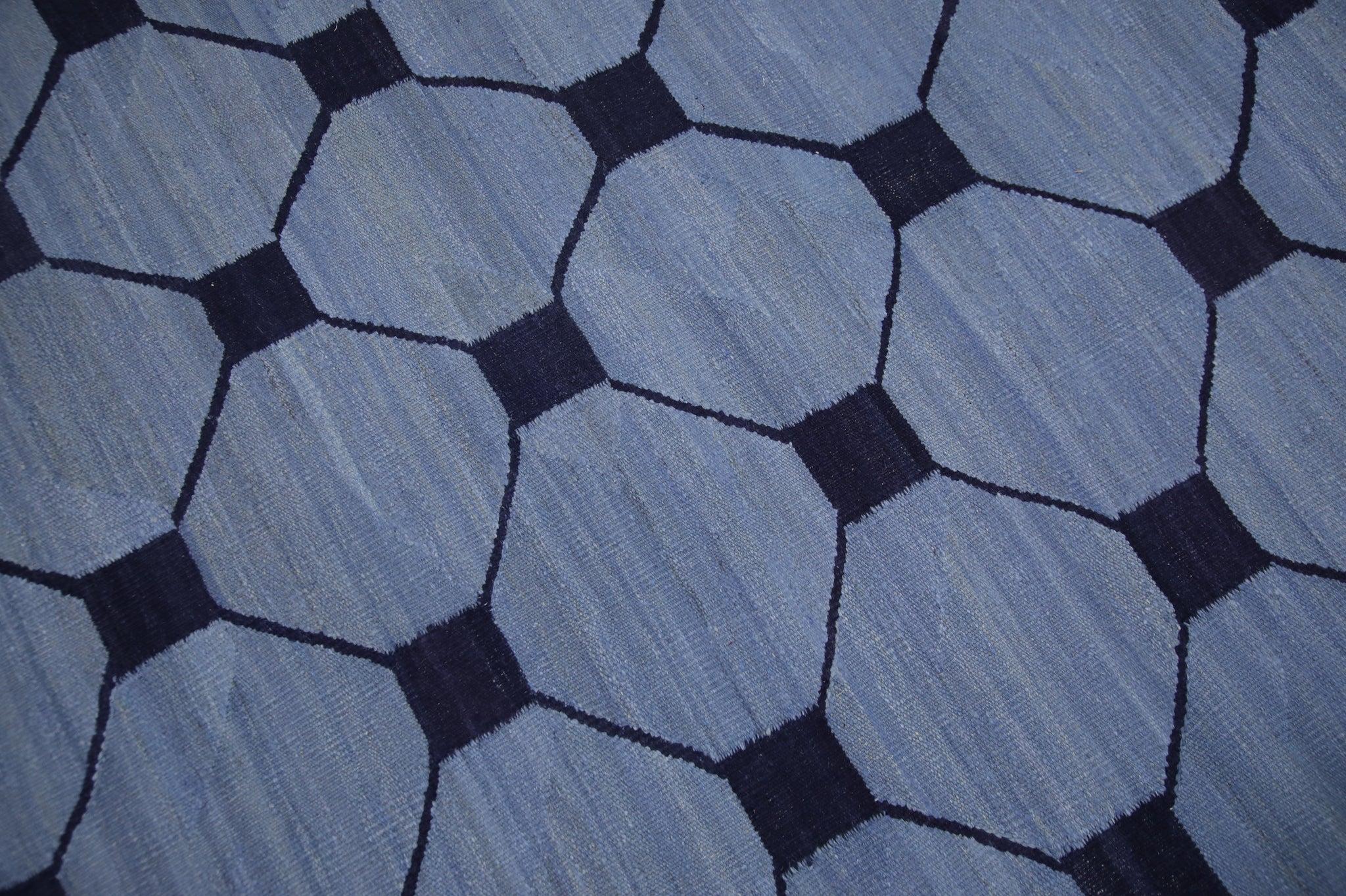 Modern Blue & Navy Geometric Pattern Flatweave Handmade Wool Rug 8'1