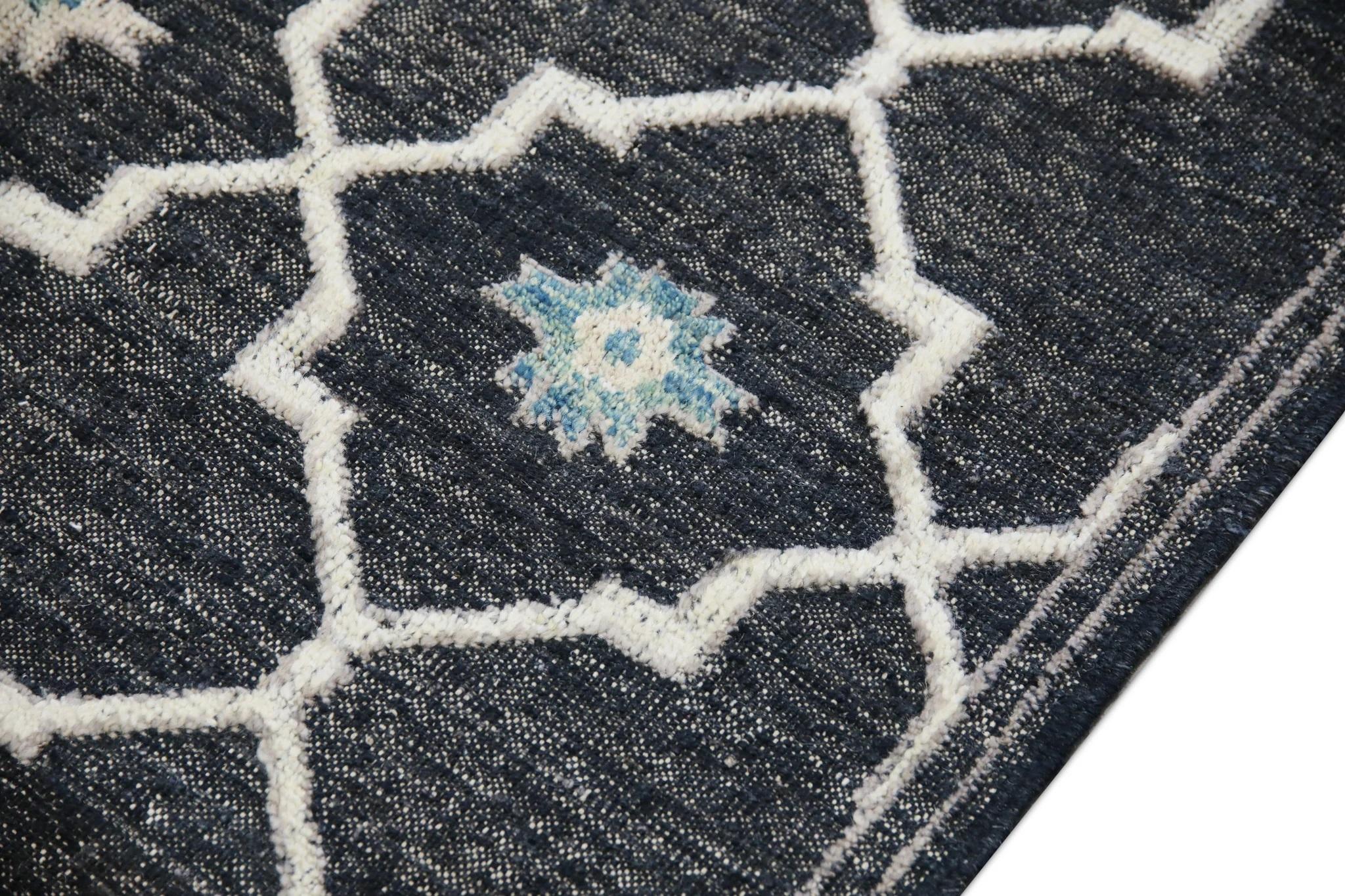 Turkish Charcoal Flatweave Handmade Wool Rug in Blue & Green Geometric Design 10' X 12'4 For Sale