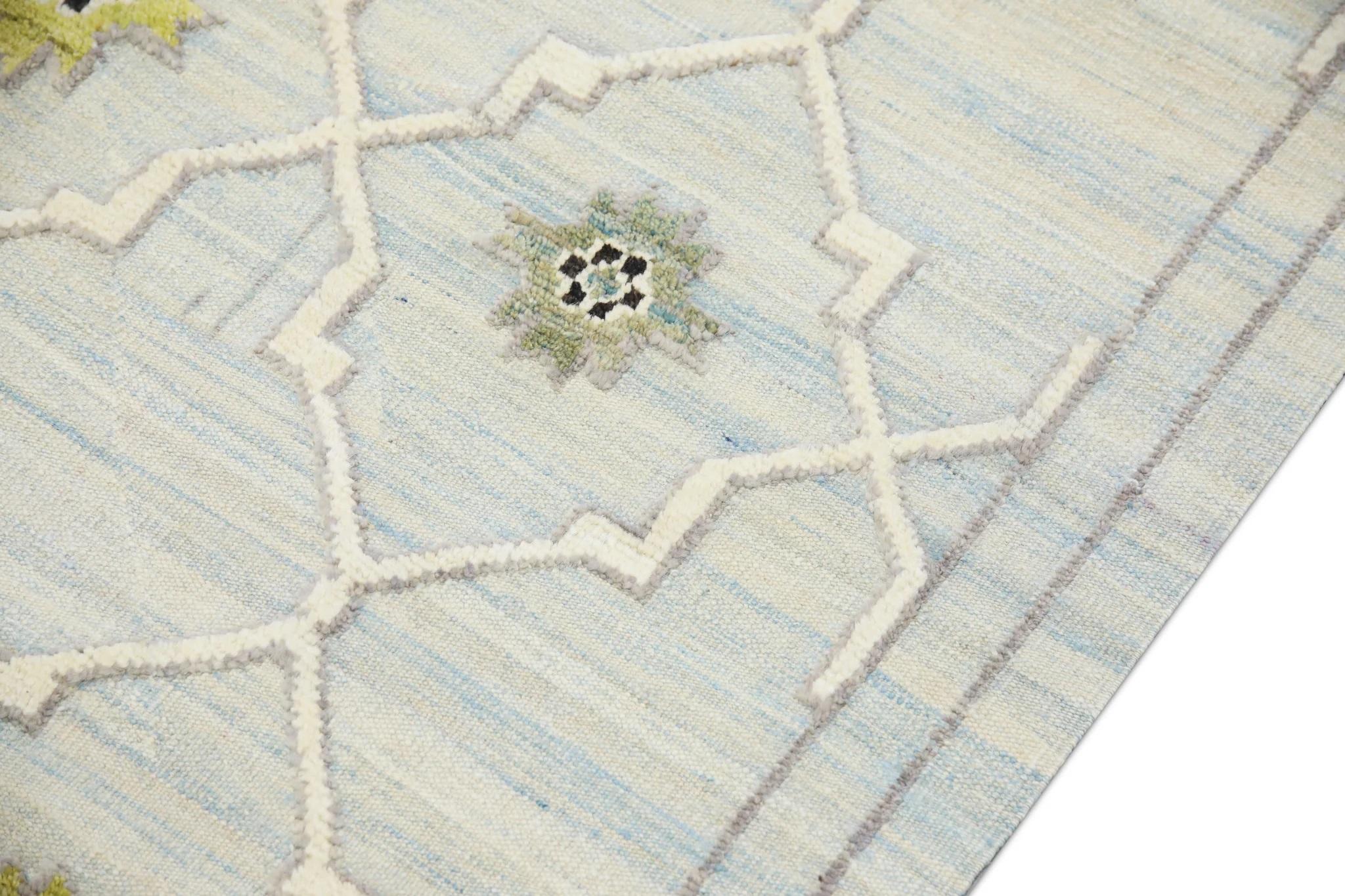 Turkish Blue and Green Geometric Design Flatweave Handmade Wool Rug 9'5