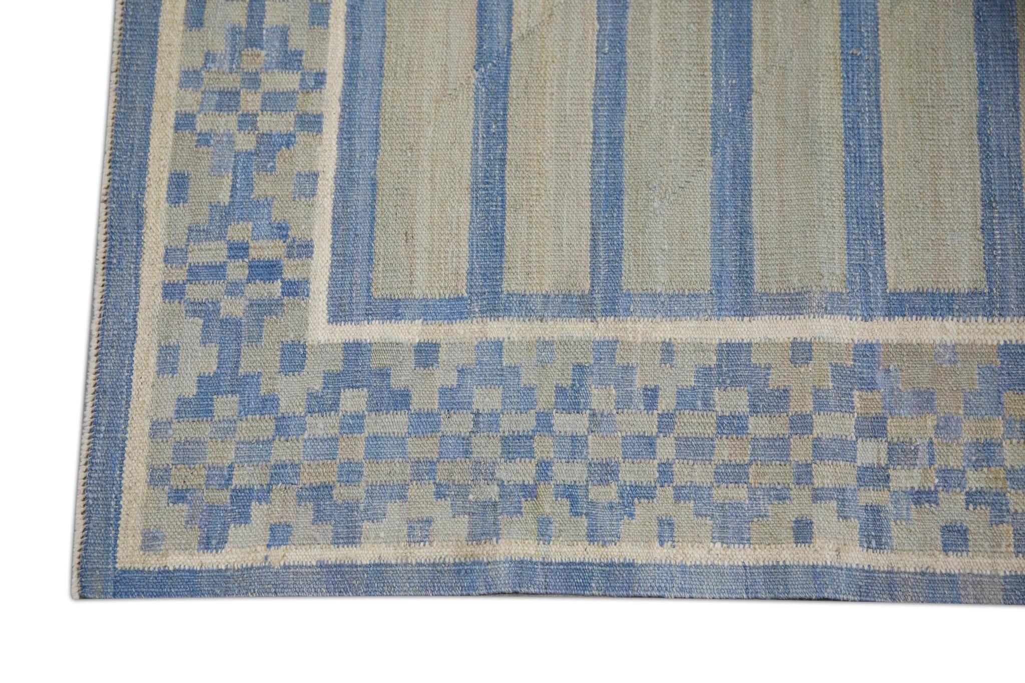 Vegetable Dyed Modern Flatweave Handmade Wool Runner in Blue Geometric Design 3'1