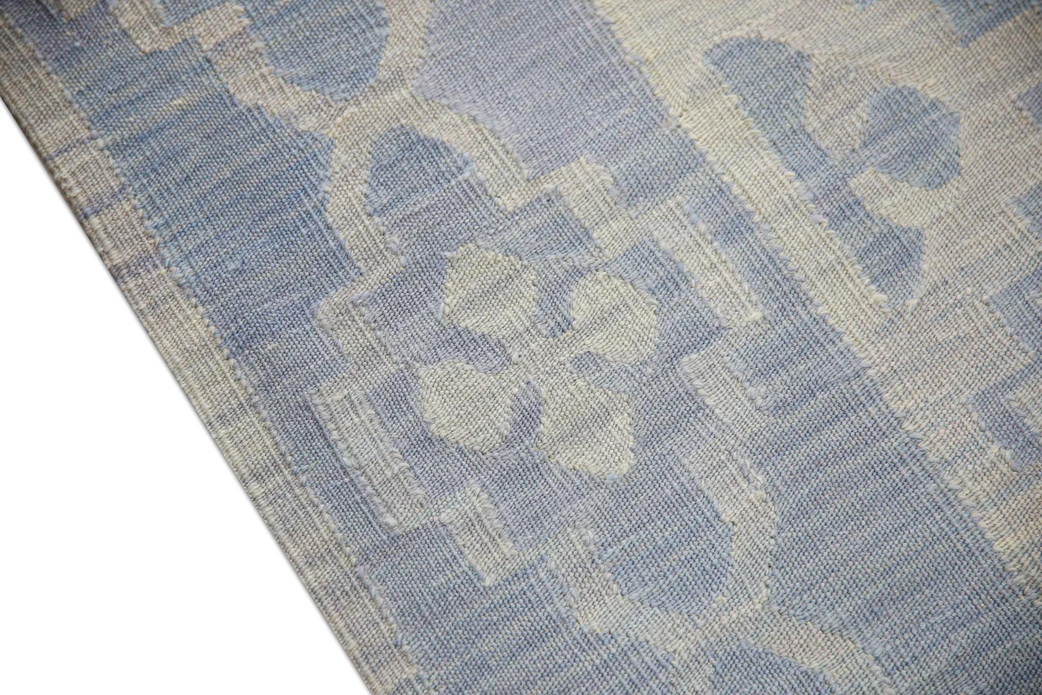 Hand-Woven Modern Flatweave Handmade Wool Rug in Blue Geometric Design 14'2