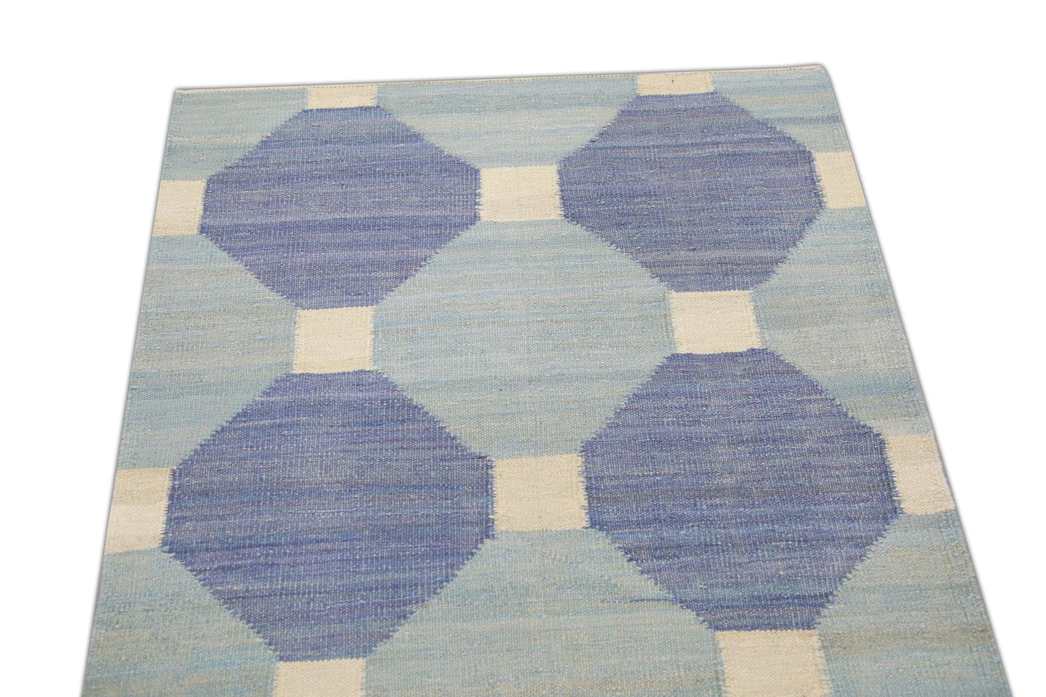 Blauer handgefertigter Flachgewebe-Woll-Läufer in geometrischem Design 3'1