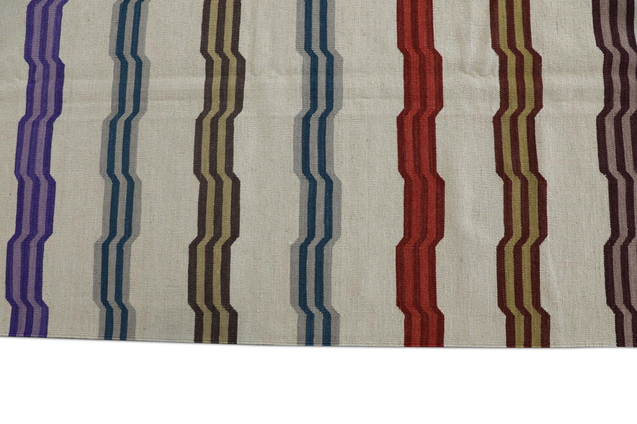 Turkish Multicolor Geometric Stripe Pattern Flatweave Handmade Wool Rug 8'6