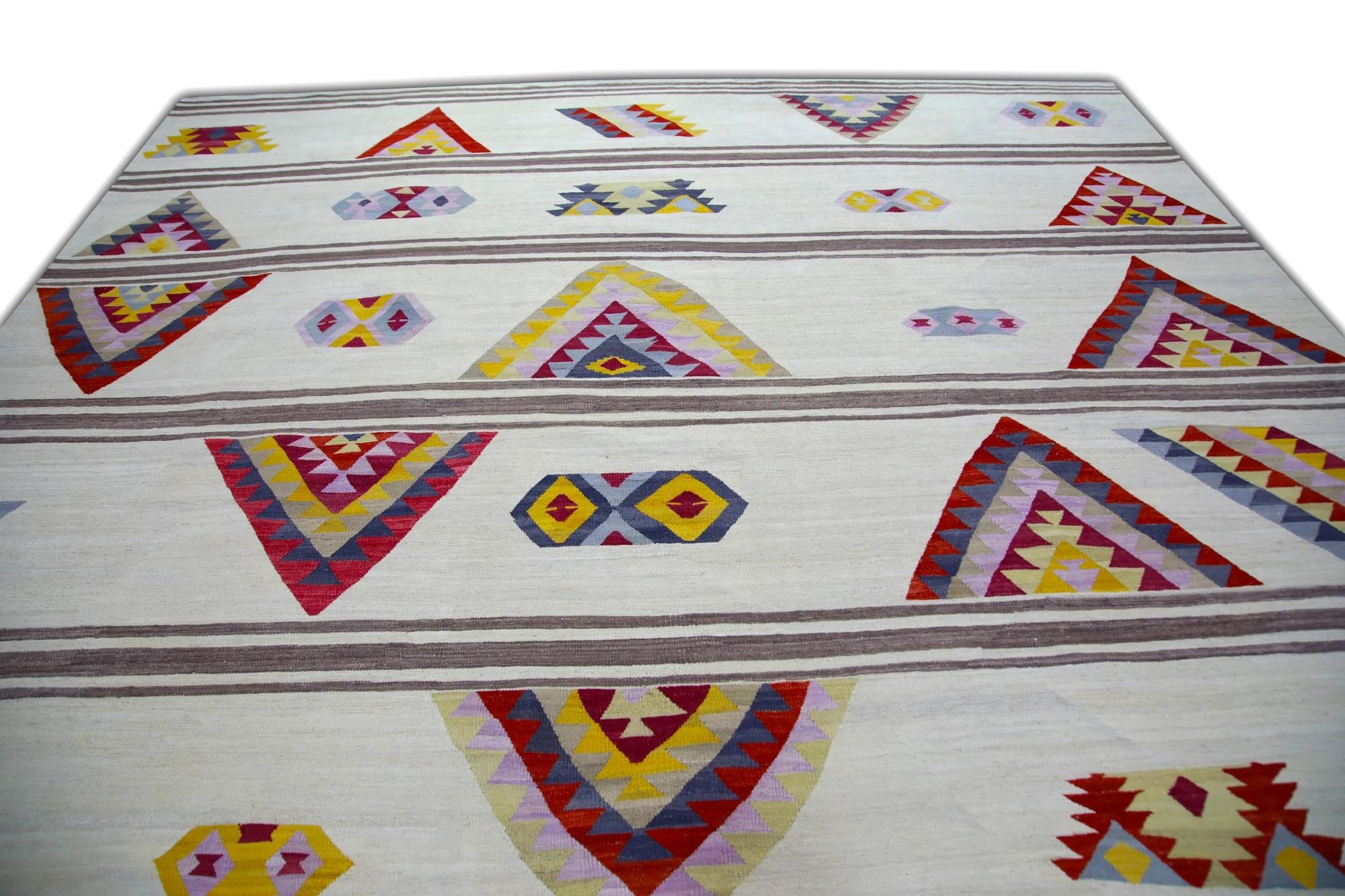 Turkish White Multicolor Geometric Pattern Flatweave Handmade Wool Rug 10'1