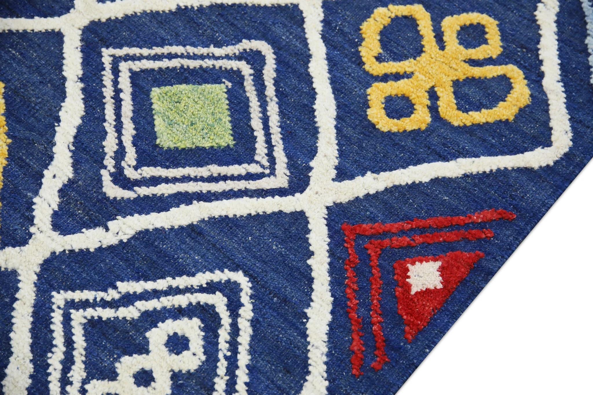 Turkish Blue Multicolor Geometric Design Flatweave Handmade Wool Rug 8'11