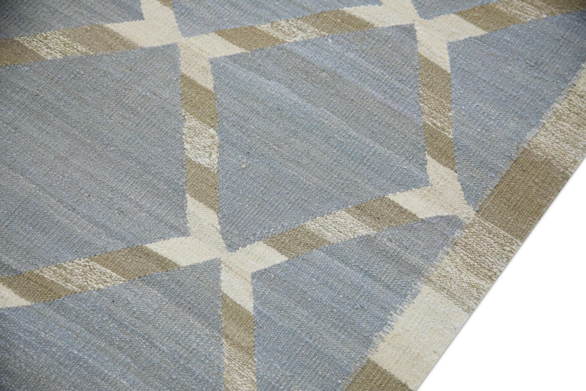 Turkish Blue & Brown Geometric Pattern Flatweave Handmade Wool Rug 9'5