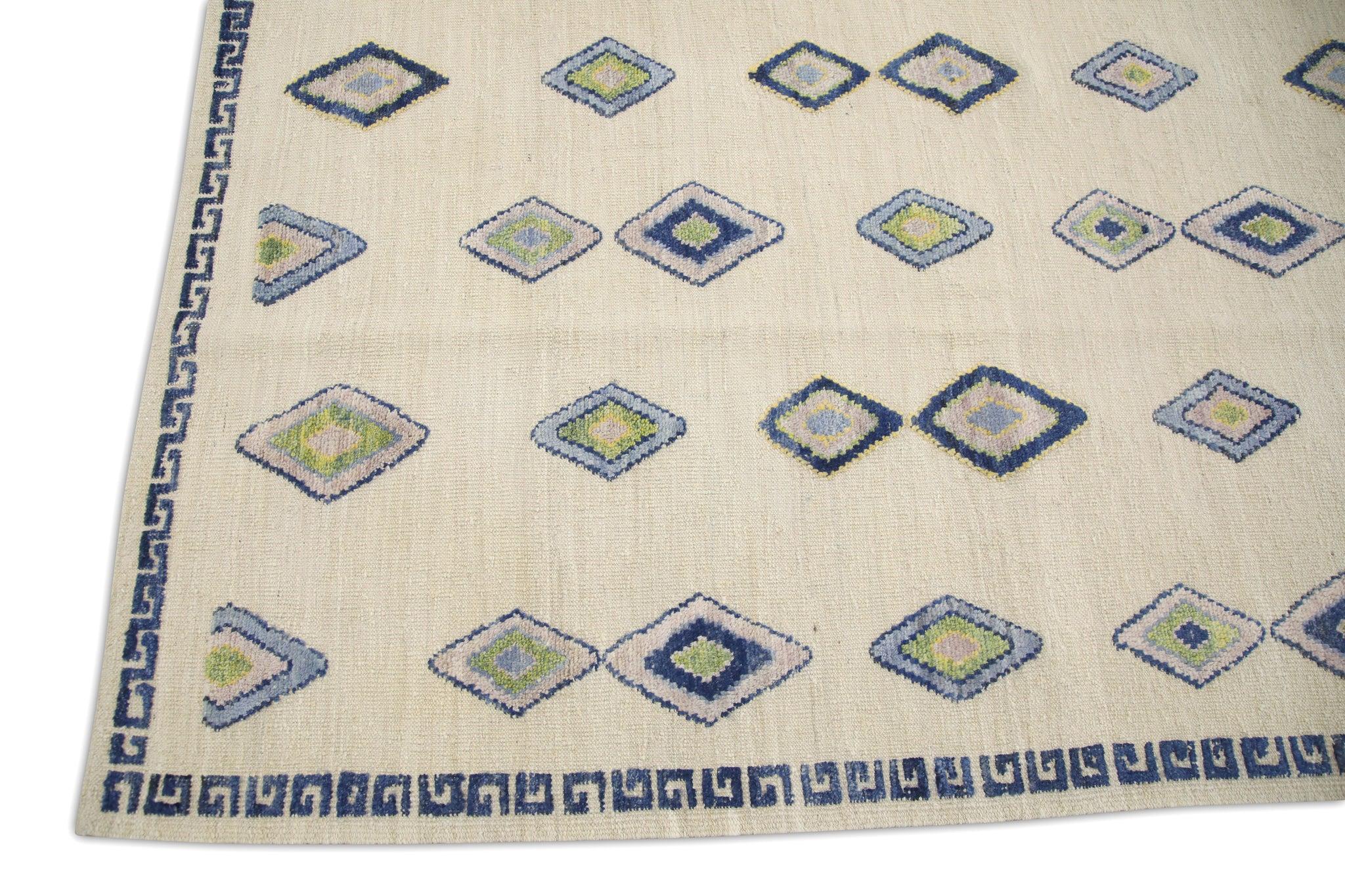 Turkish Blue & Pink Geometric Diamond Pattern Flatweave Handmade Wool Rug 9'3