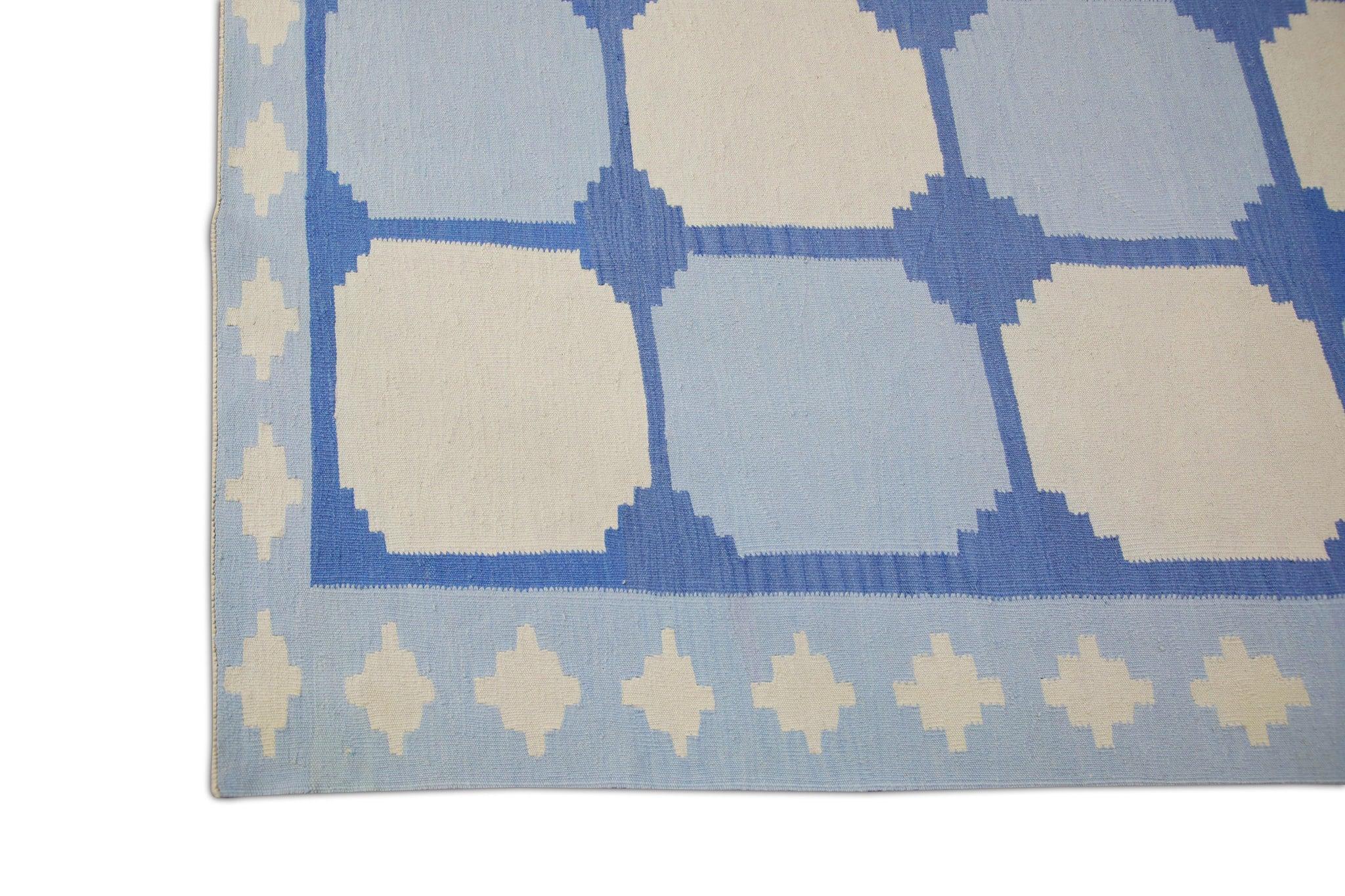 Turkish Blue Geometric Design Flatweave Handmade Wool Rug 9' x 12'1