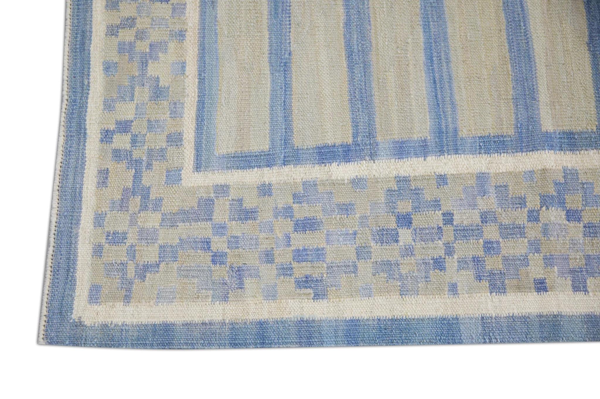 Turkish Gray and Blue Geometric Pattern Flatweave Handmade Wool Rug 2'11