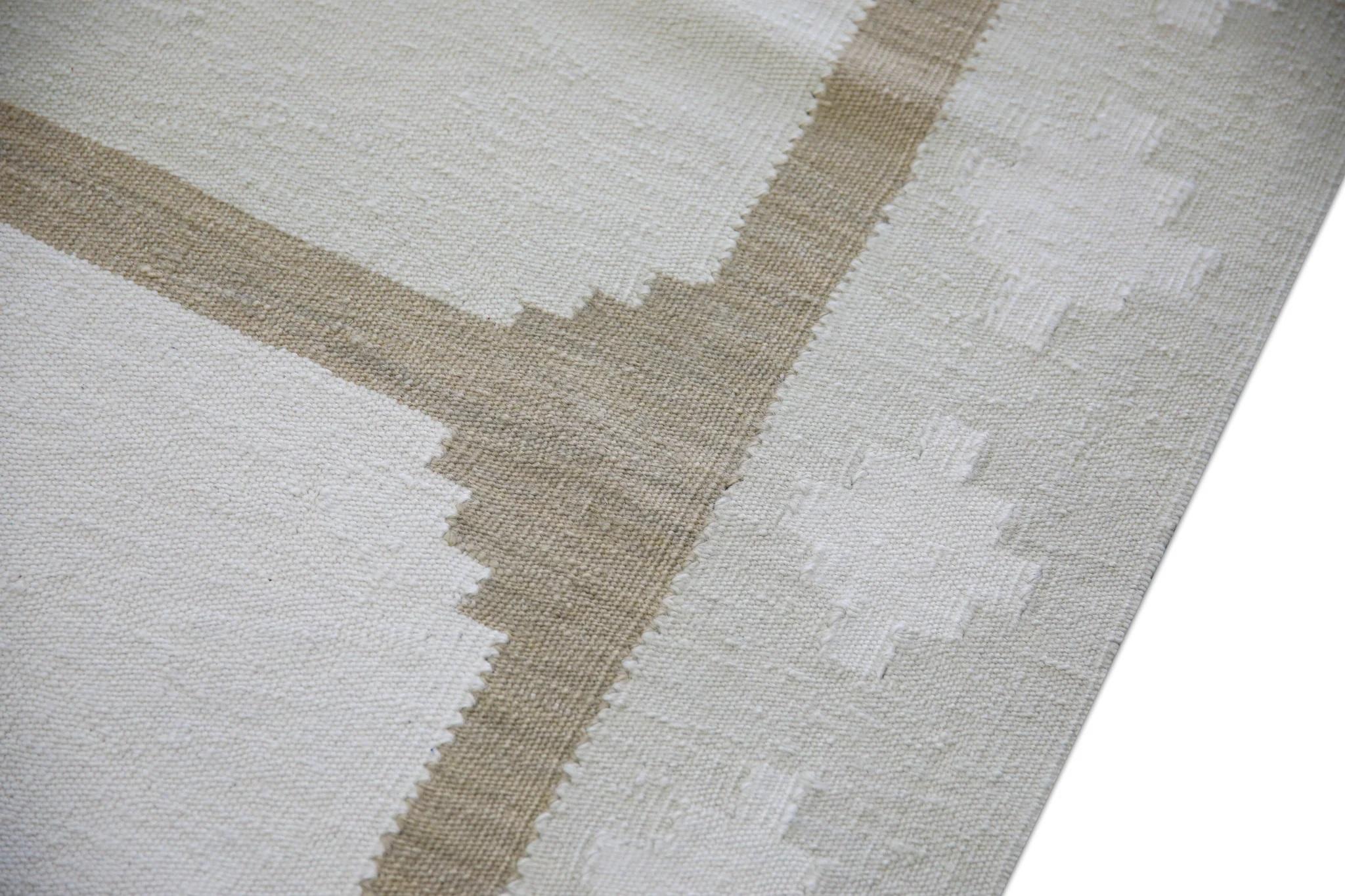 Turkish Cream & Brown Geometric Design Flatweave Handmade Wool Rug 9'11