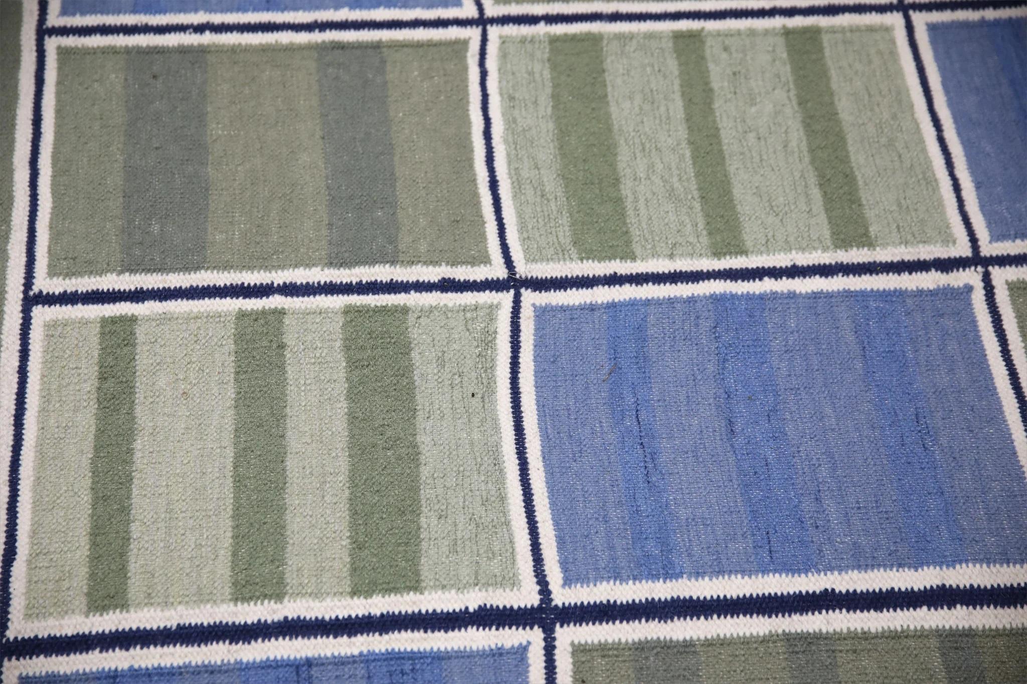 Turkish Green and Blue Geometric Design Flatweave Handmade Wool Rug 9'1