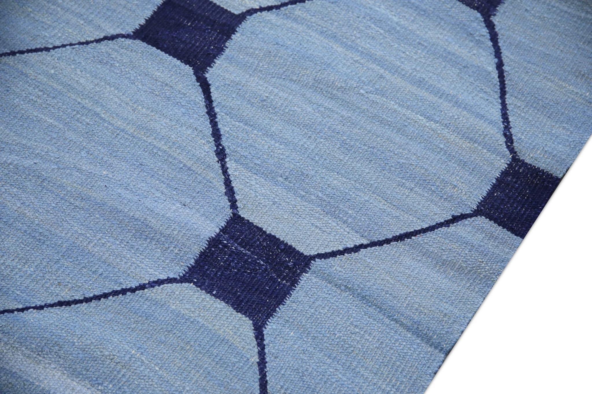 Turkish Blue & Navy Geometric Design Flatweave Handmade Wool Rug 10'4