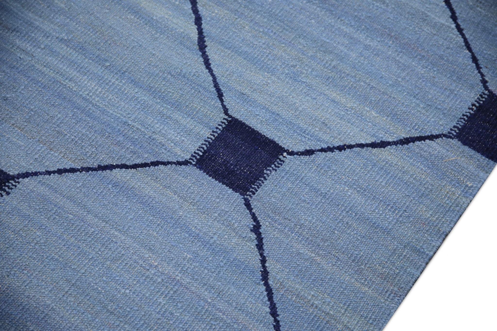 Turkish Blue & Navy Geometric Design Flatweave Handmade Wool Rug 10'5