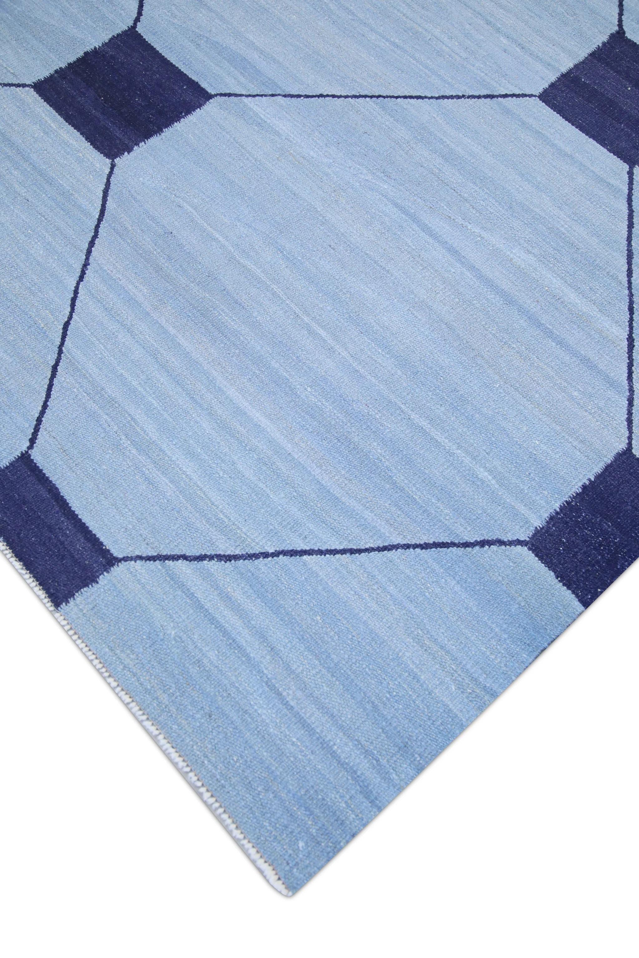 Turkish Blue & Navy Geometric Design Flatweave Handmade Wool Rug 10' X 14'7