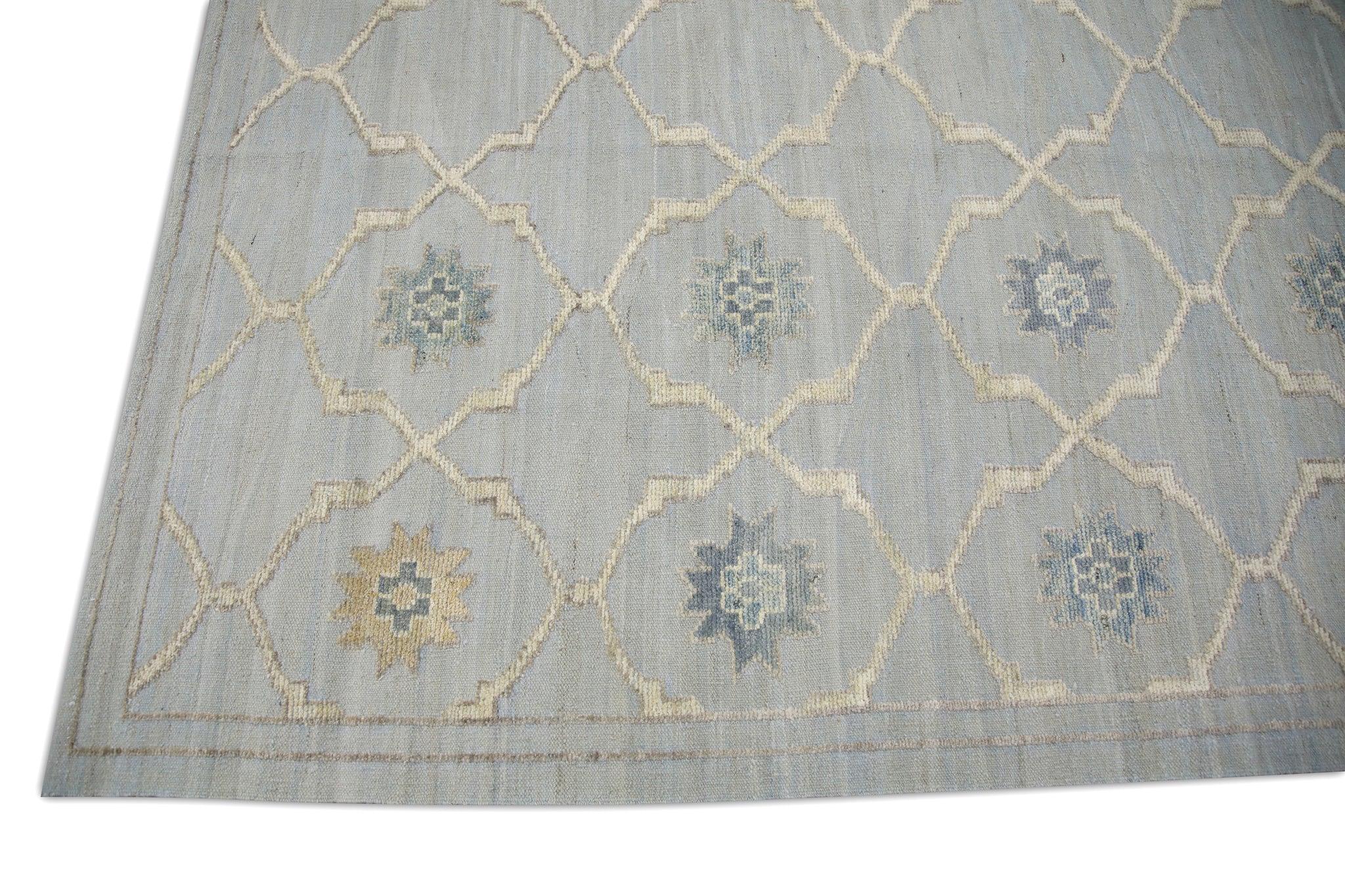 Turkish Blue Geometric Design Flatweave Handmade Wool Rug 11'11