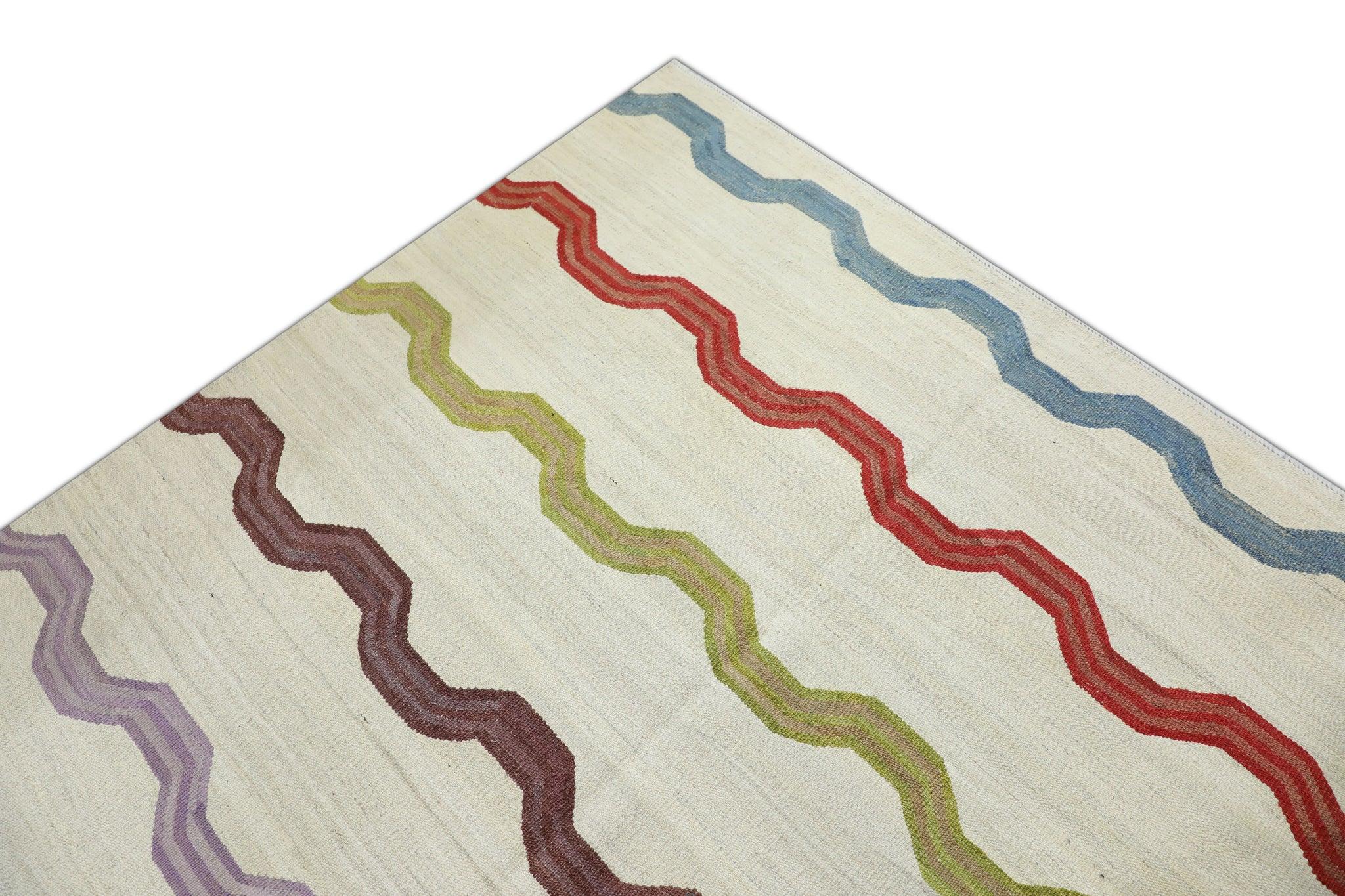 Turkish Multicolor Geometric Stripe Design Flatweave Handmade Wool Rug 11'10