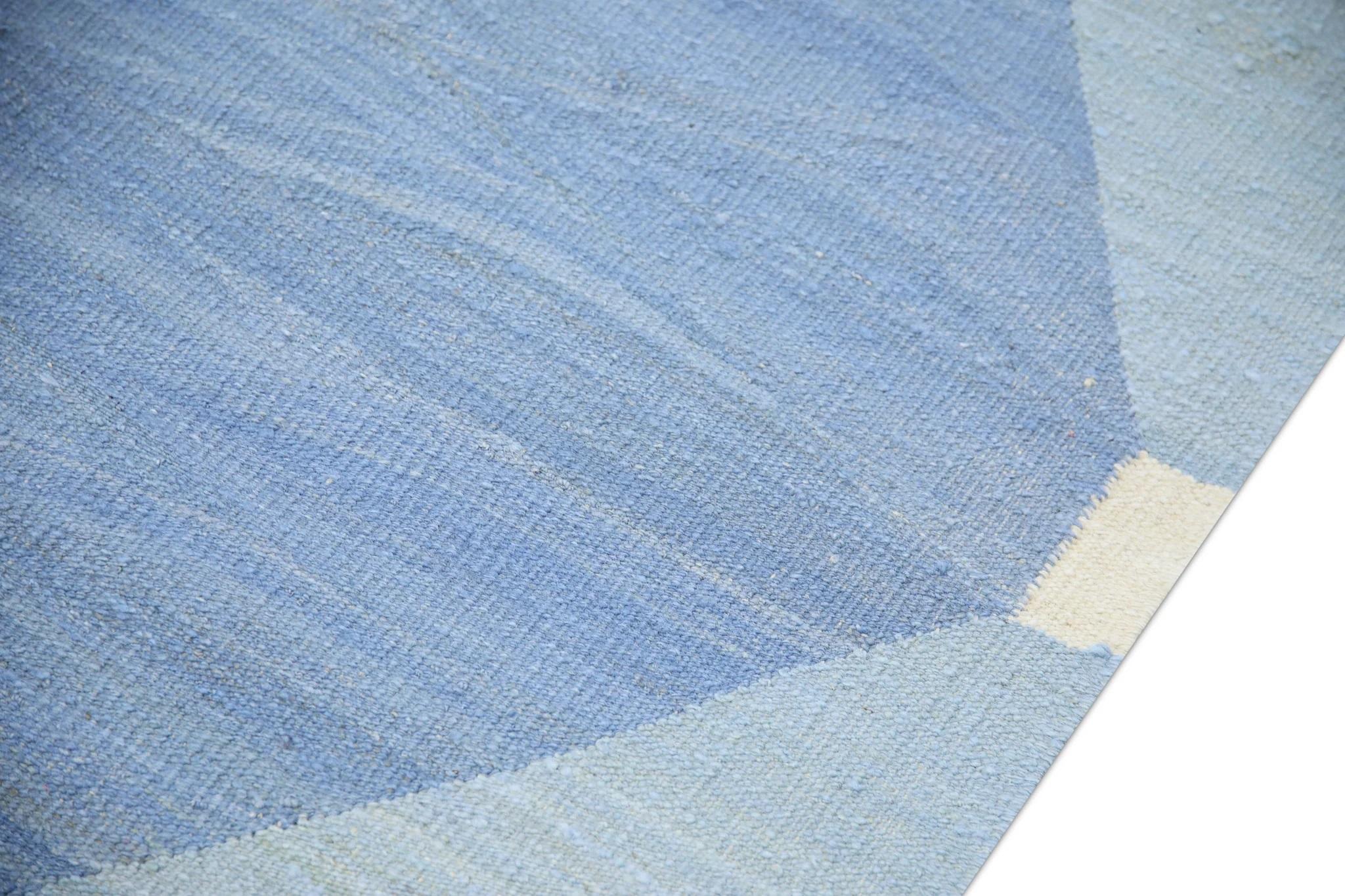 Turkish Blue Geometric Design Flatweave Handmade Wool Rug 10'3