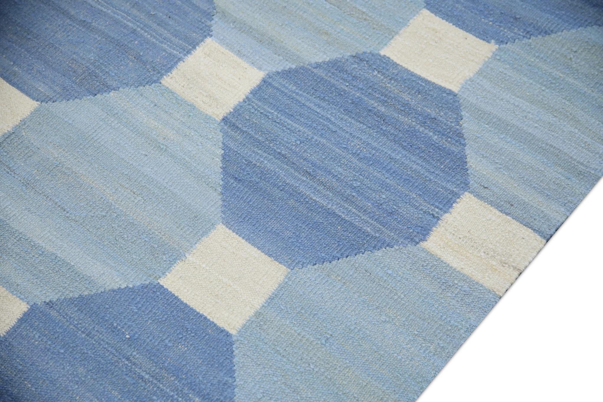 Turkish Blue Geometric Design Flatweave Handmade Wool Rug 8'9