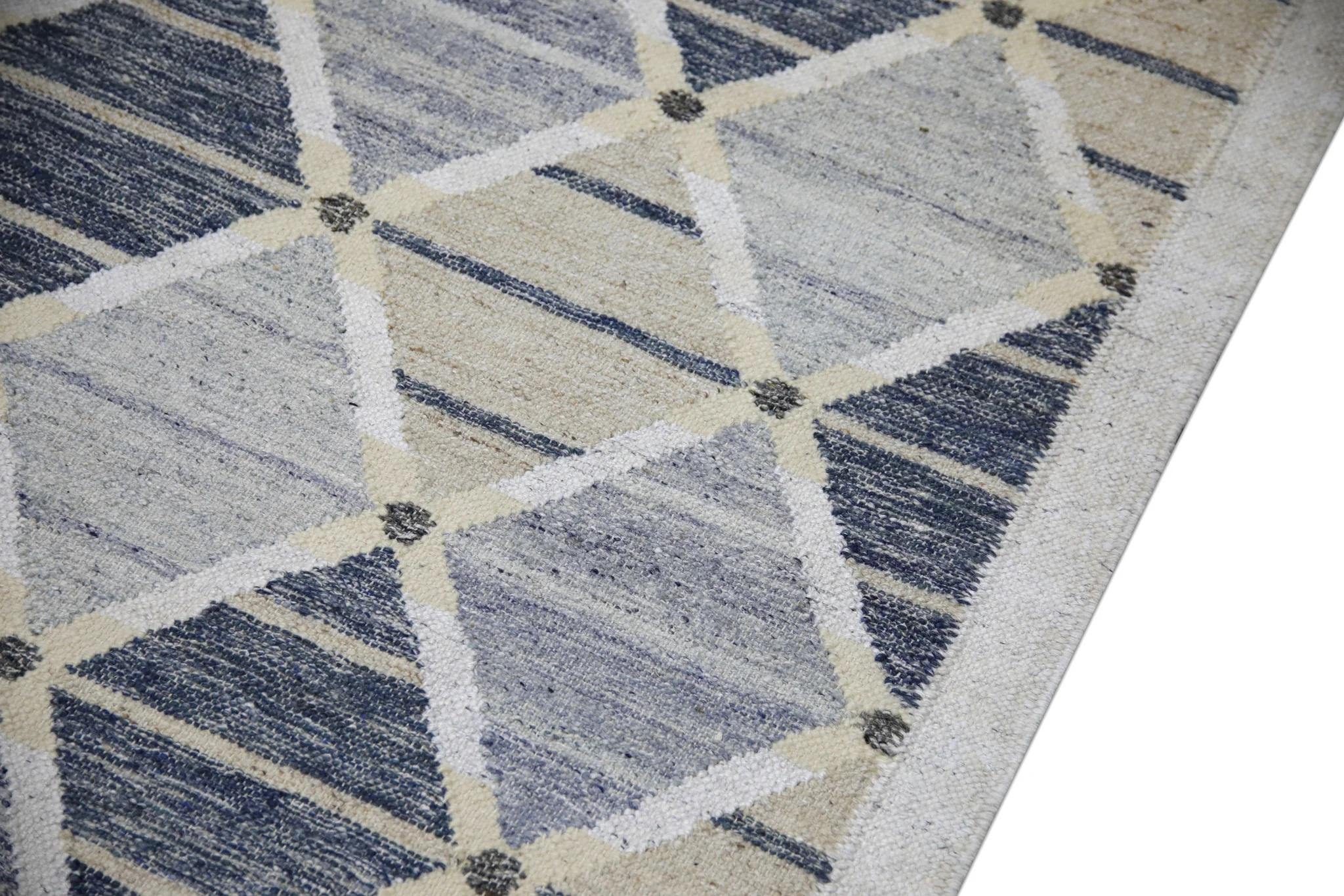 Turkish Blue Geometric Pattern Flatweave Handmade Wool Rug 9' X 12'2