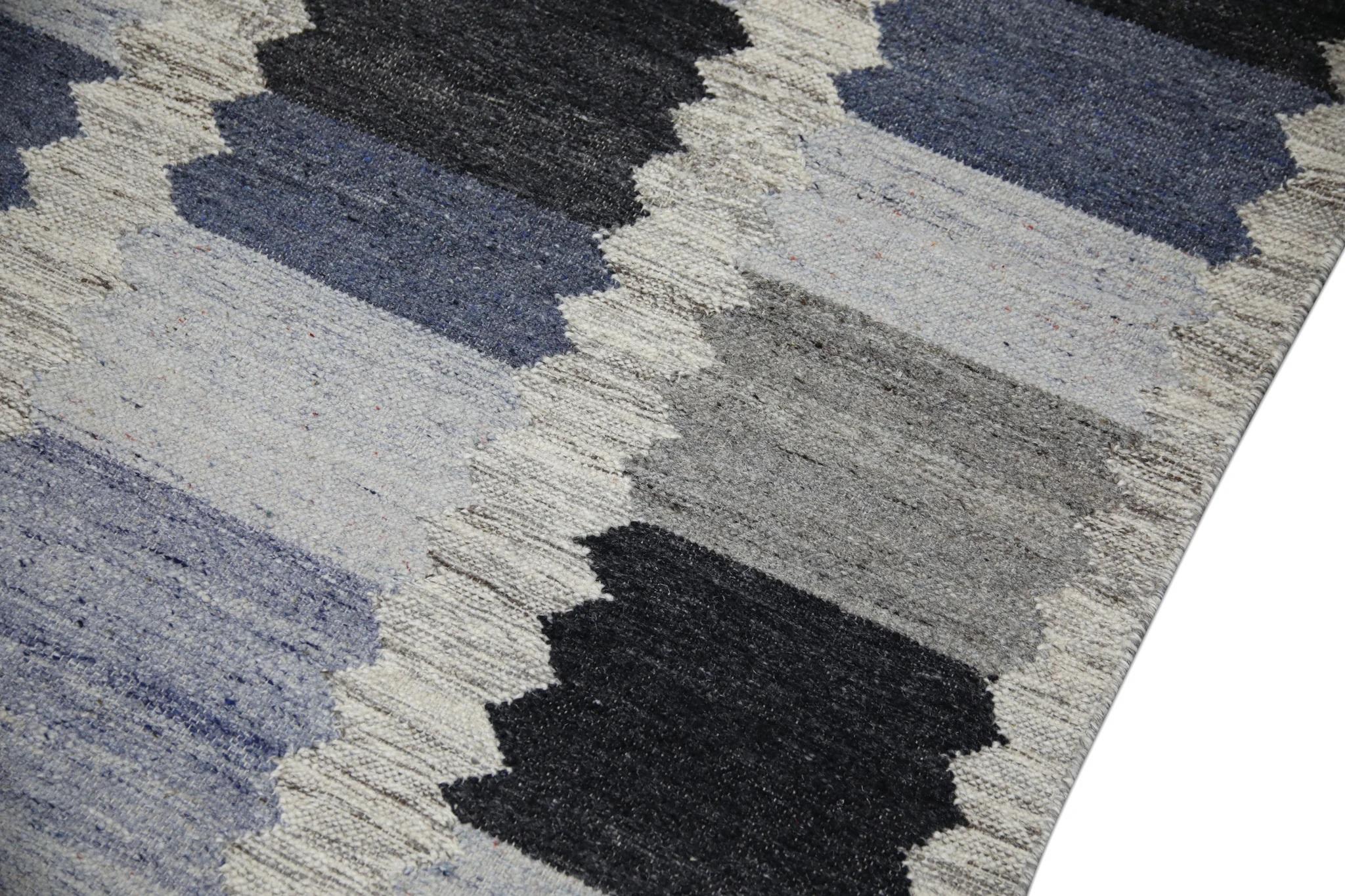 Turkish Blue & Gray Geometric Design Flatweave Handmade Wool Rug 9' X 12'3